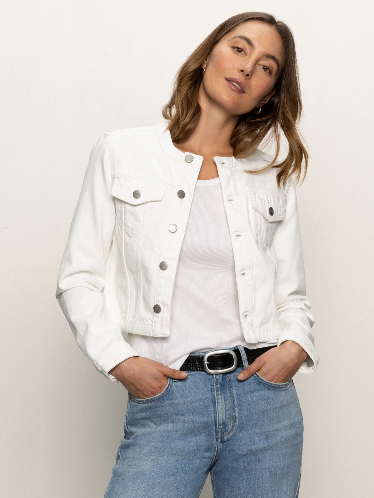 Denim Collarless Lady Jacket White flight travel