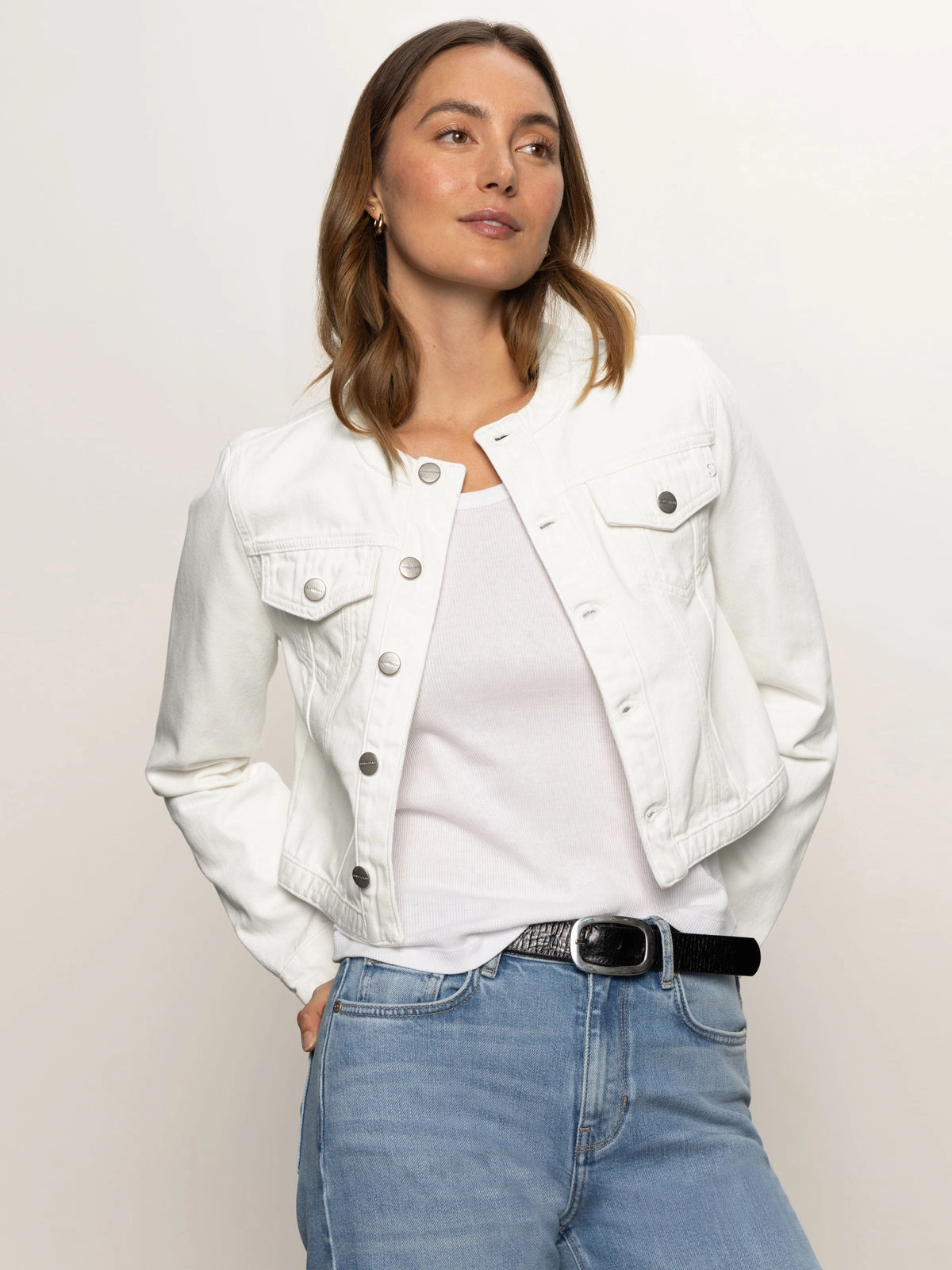 Denim Collarless Lady Jacket White Cozy Lining