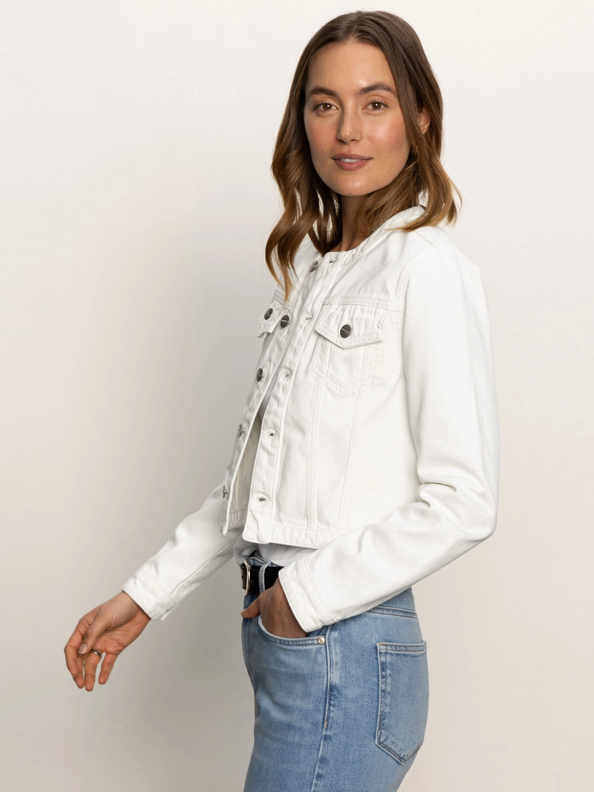 Denim Collarless Lady Jacket White Sporty Shield