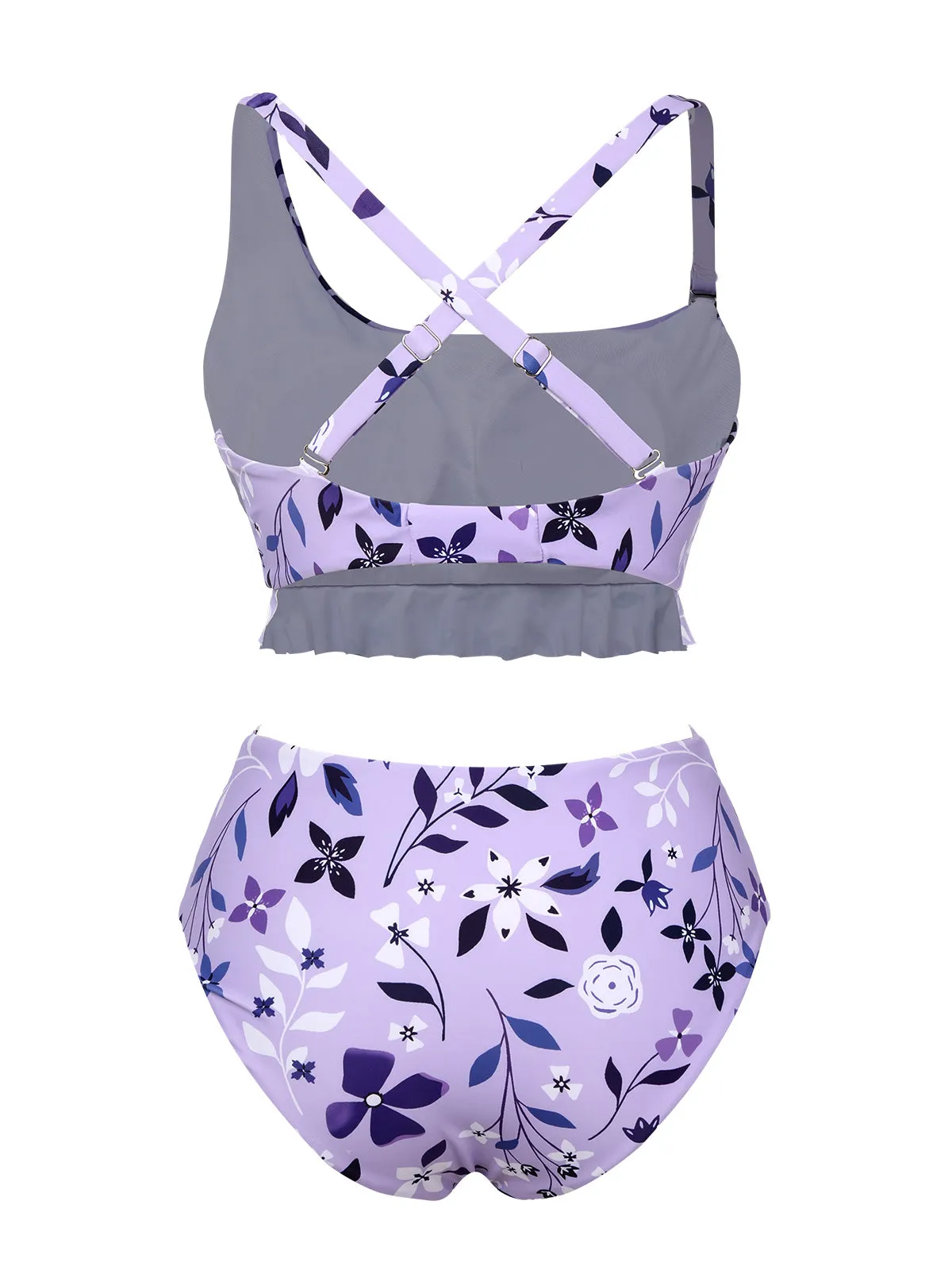 Purple 1930s Floral Irregular Shoulder Straps Swimsuit