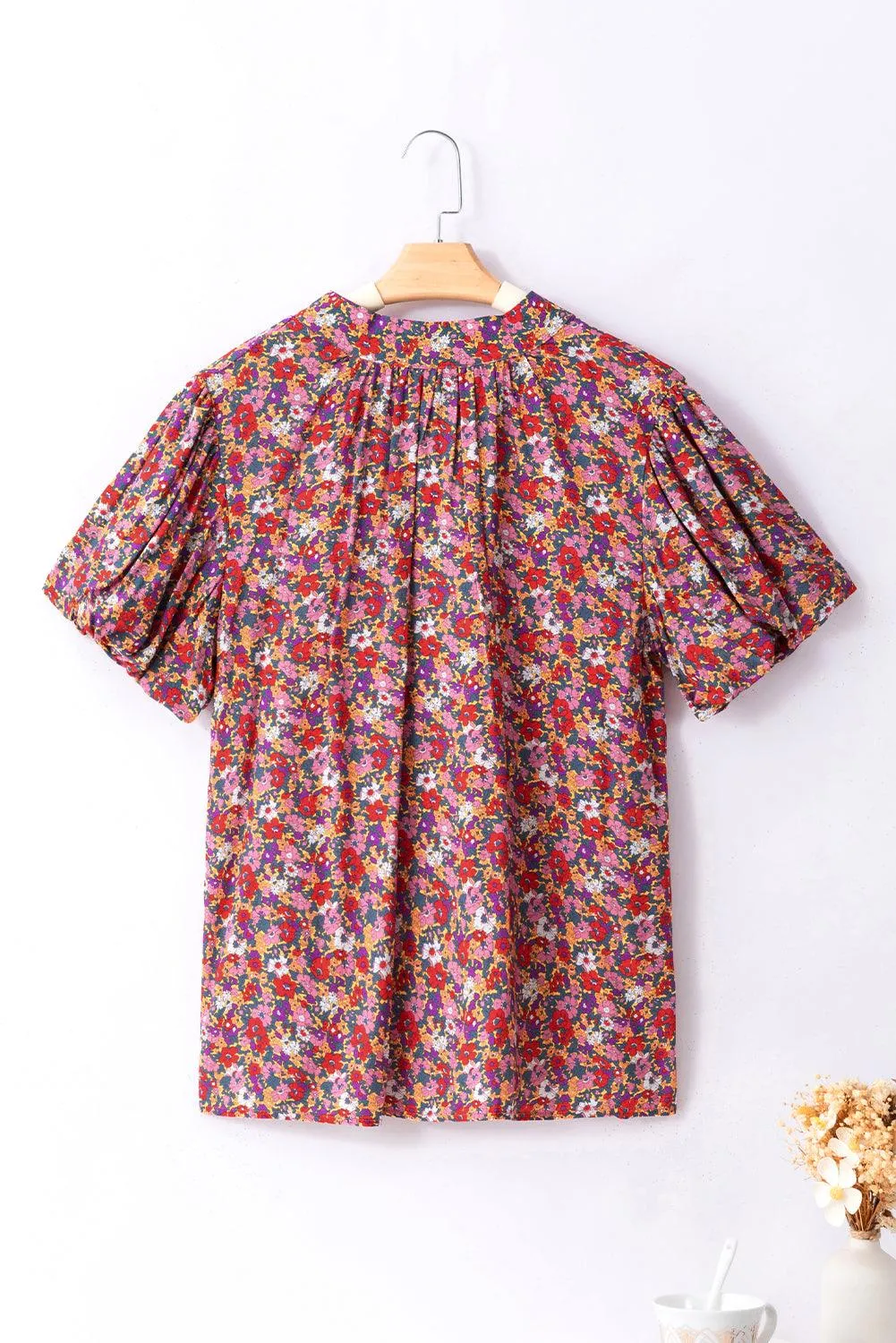 Purple Print Knotted High Neck Puff Sleeve Blouse for Ladies