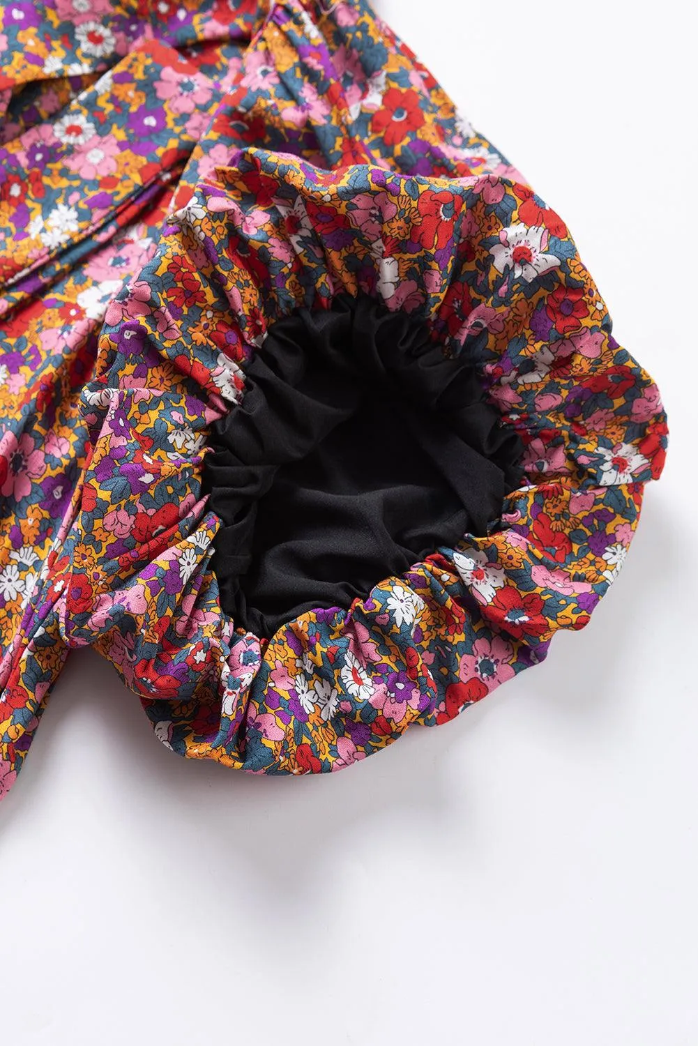 Purple Print Knotted High Neck Puff Sleeve Blouse for Ladies