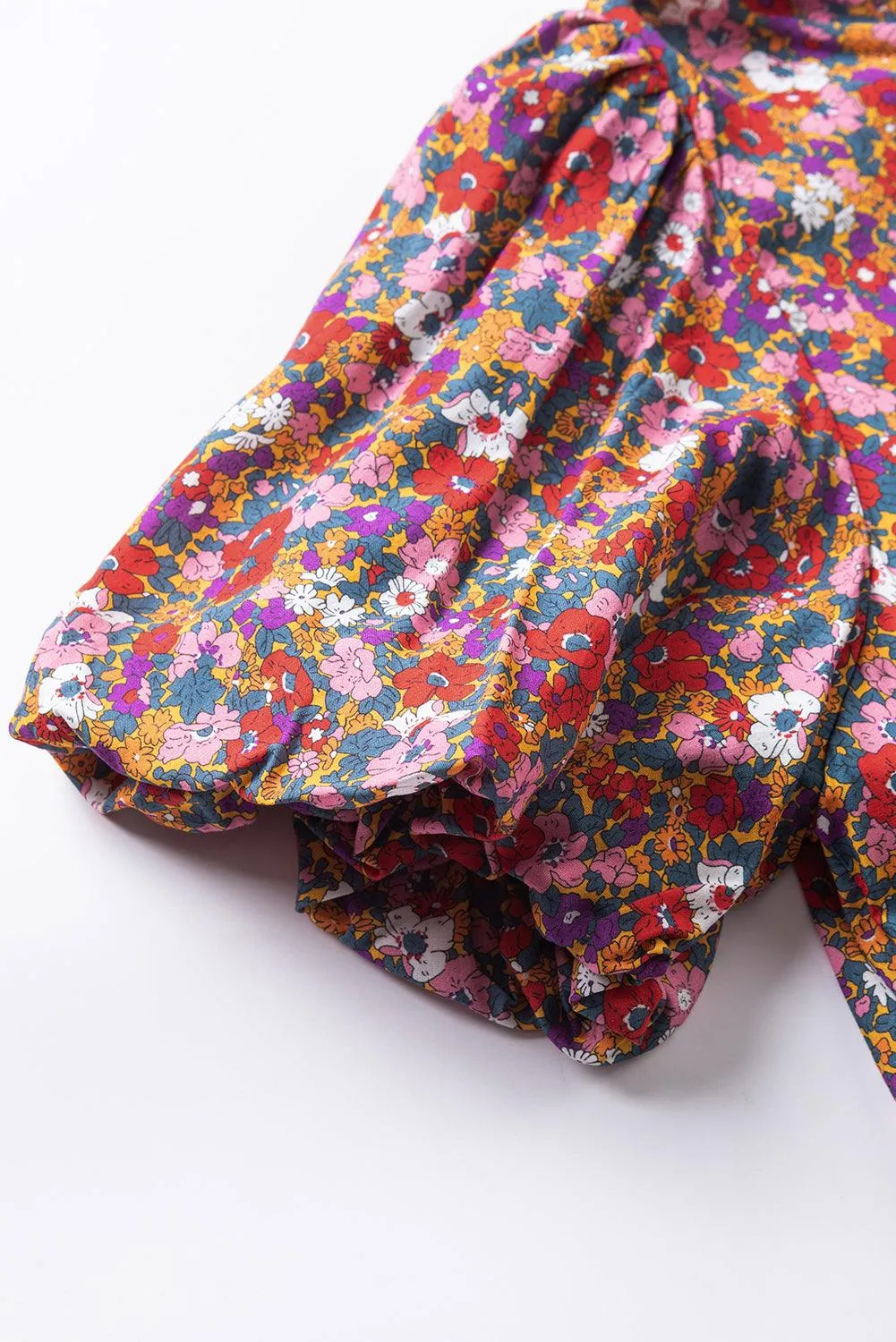 Purple Print Knotted High Neck Puff Sleeve Blouse for Ladies