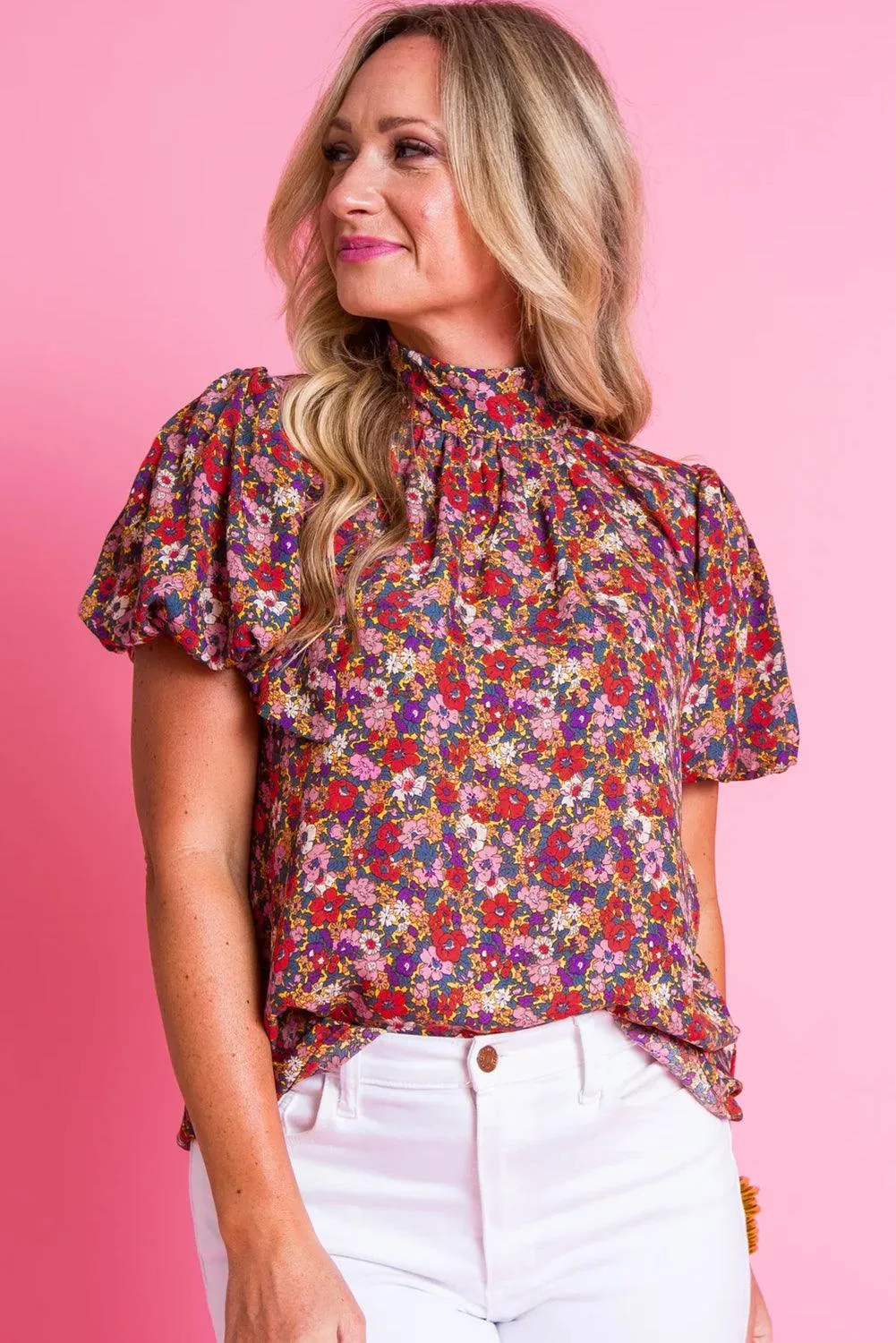 Purple Print Knotted High Neck Puff Sleeve Blouse for Ladies