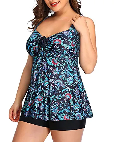 Push Up Padded Bra Tankini Swimsuits Plus Size Flowy Swimwear For Women-Green And Balck Floral