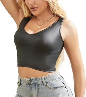QiaTi Women's Faux Leather Tank Tops V Neck Cropped Tops Black Sleeveless Sexy Corset Tops for Party Club Night