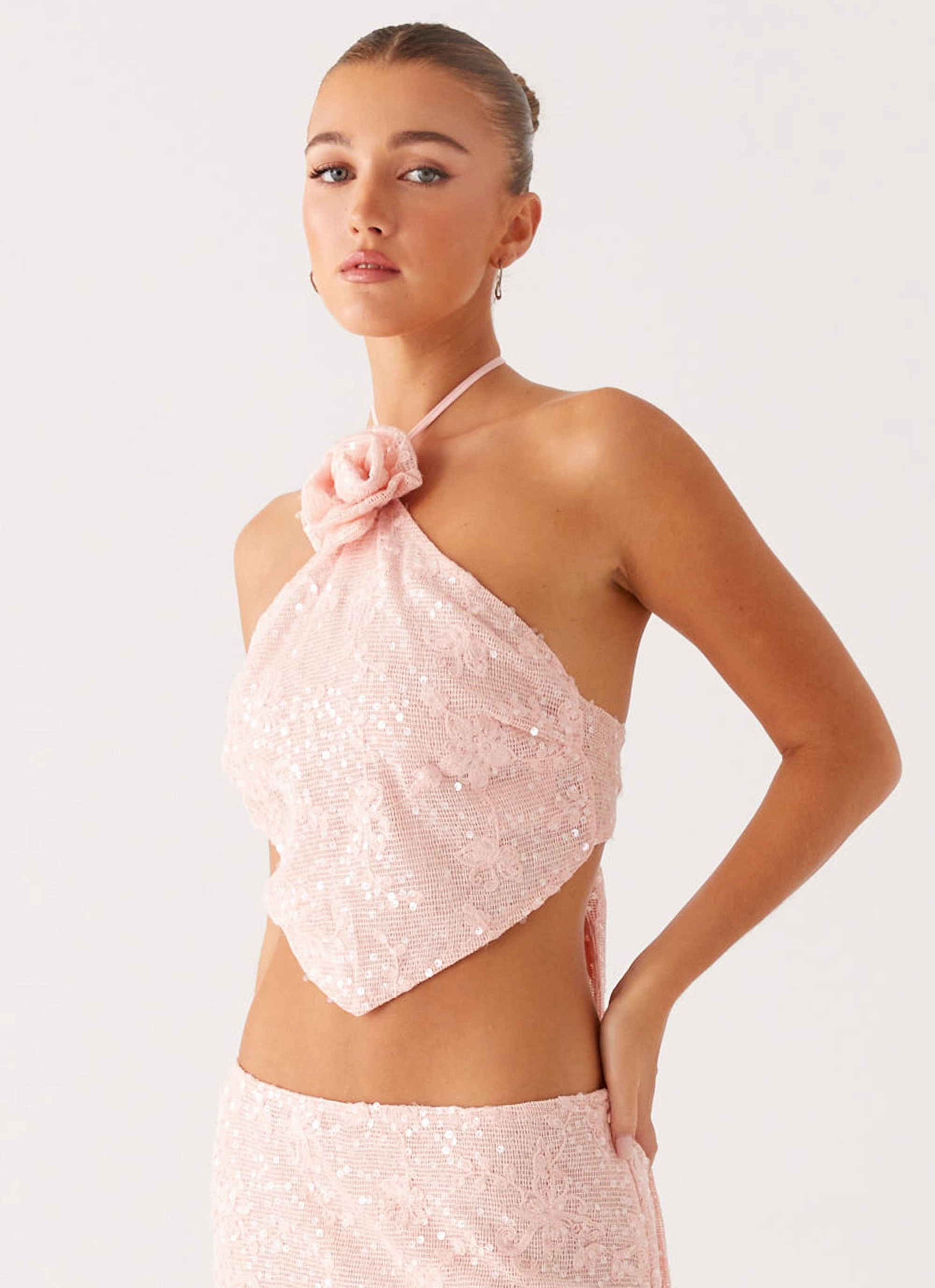 DoubleStitched Hemming Reflective Accent Trim Queenie Sequin Halter Top - Pink