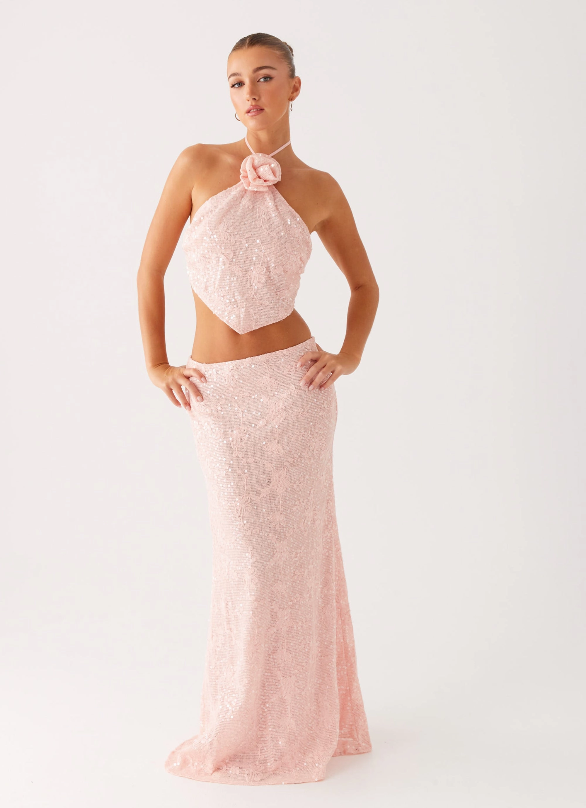 AbrasionResistant Fabric Queenie Sequin Halter Top - Pink