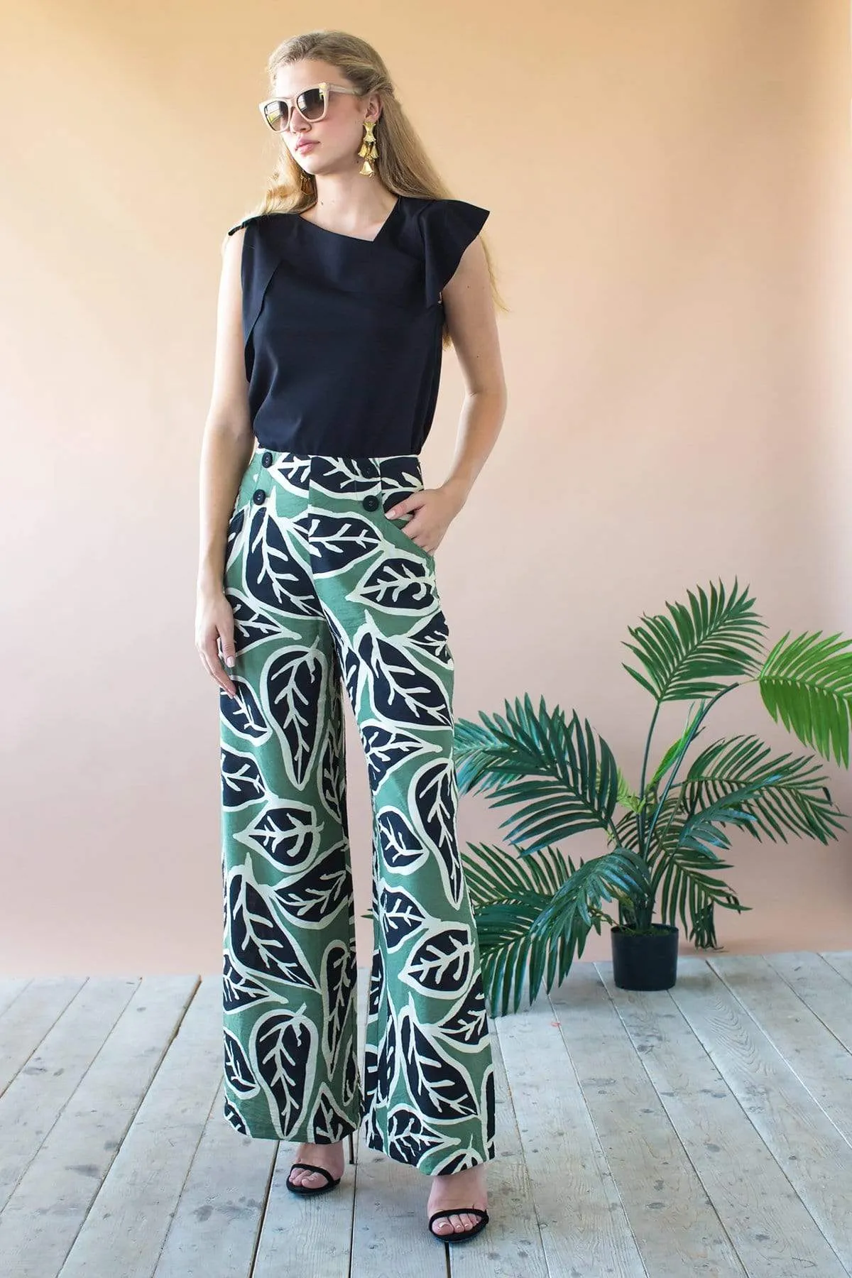 Tear Resistant Design FlameRetardantTreatment Hepburn High Waist Wide Leg Pant - Sage Leaf