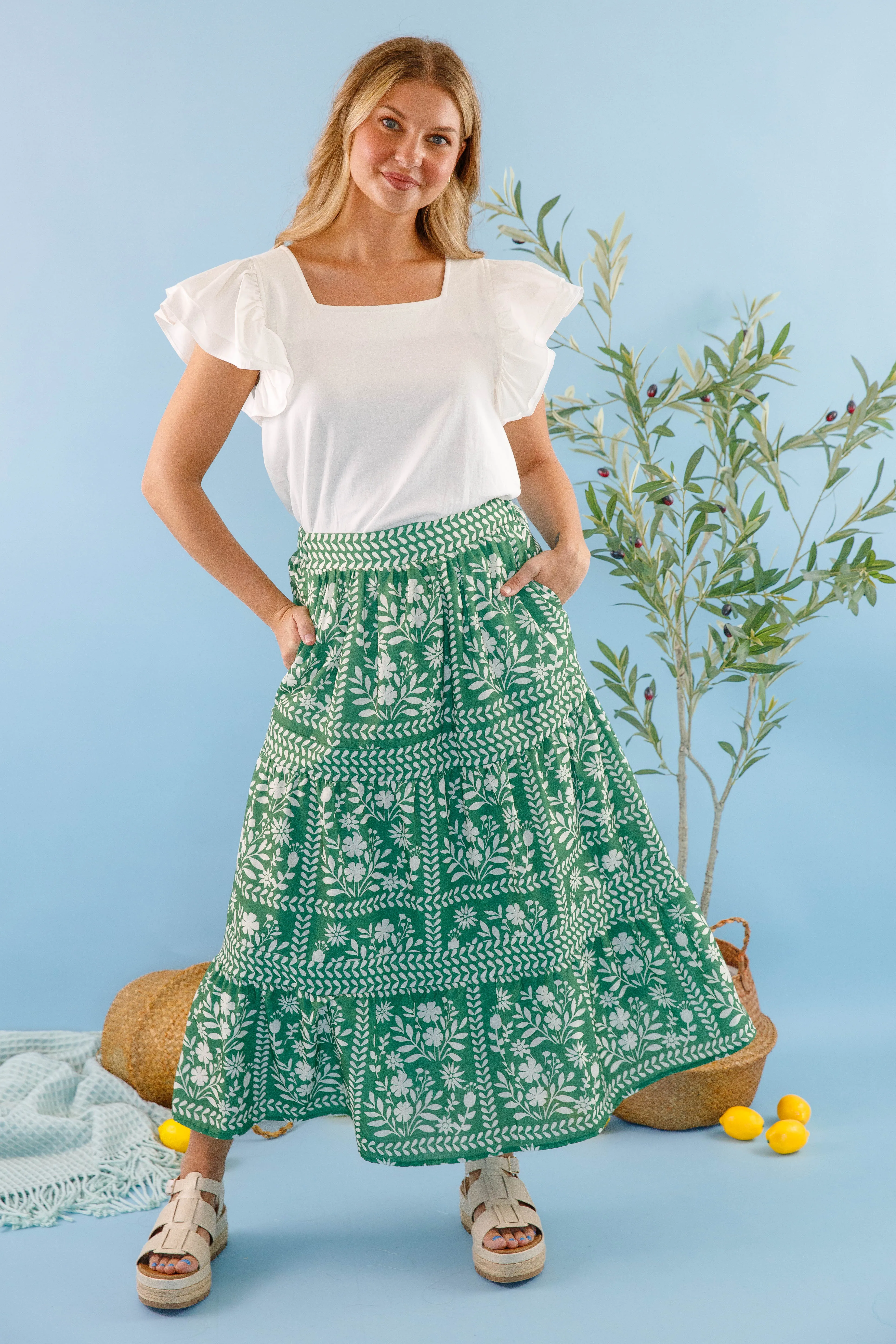 Non Binding Cuffs Lots Of Happiness Midi Skirt-Green