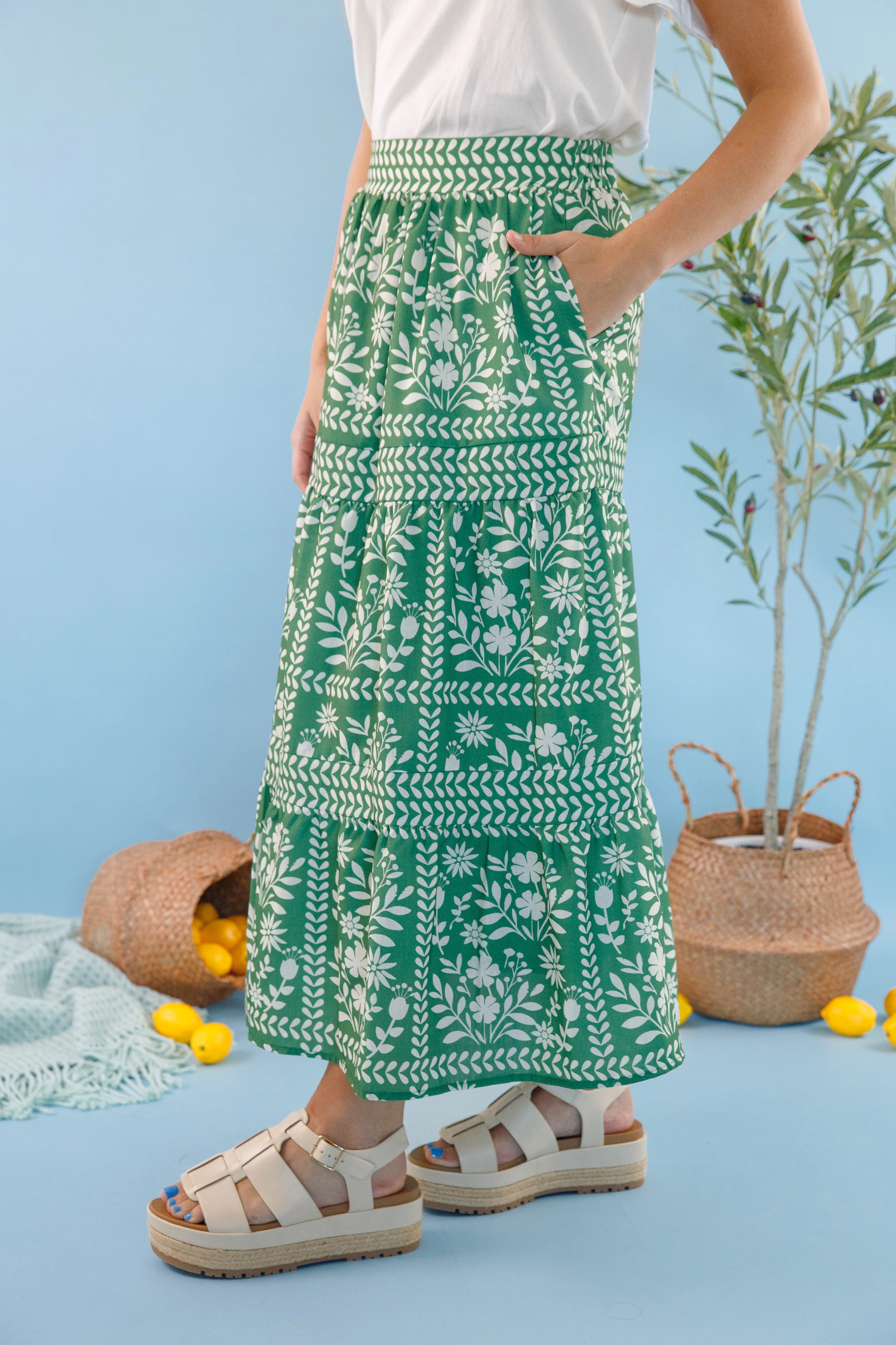 Lots Of Happiness Midi Skirt-Green Flexible Fabric