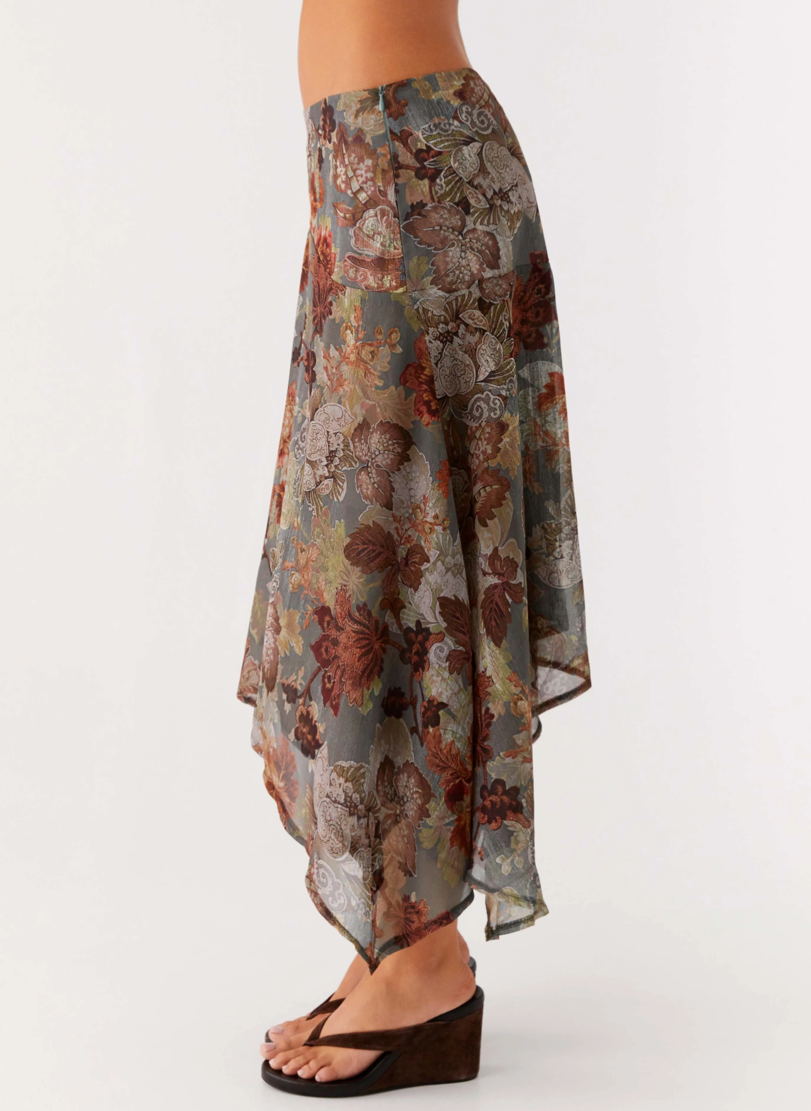 Rosewood Low Rise Midi Skirt - Vintage Blossom Flex Wear Design Temperature Regulating Fabric