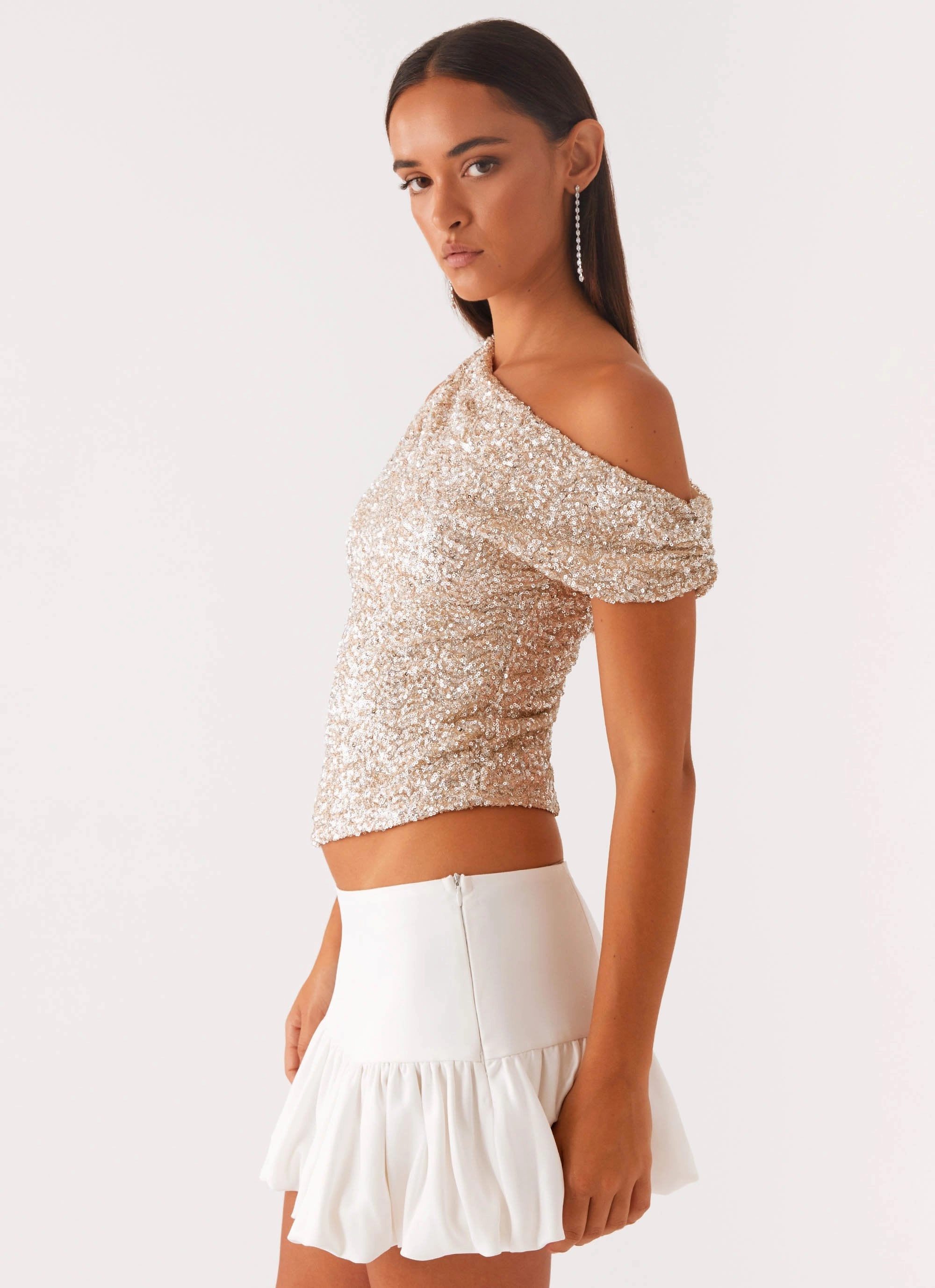All Star Off Shoulder Top - Silver Breathable mesh Resilient Fabric Blend