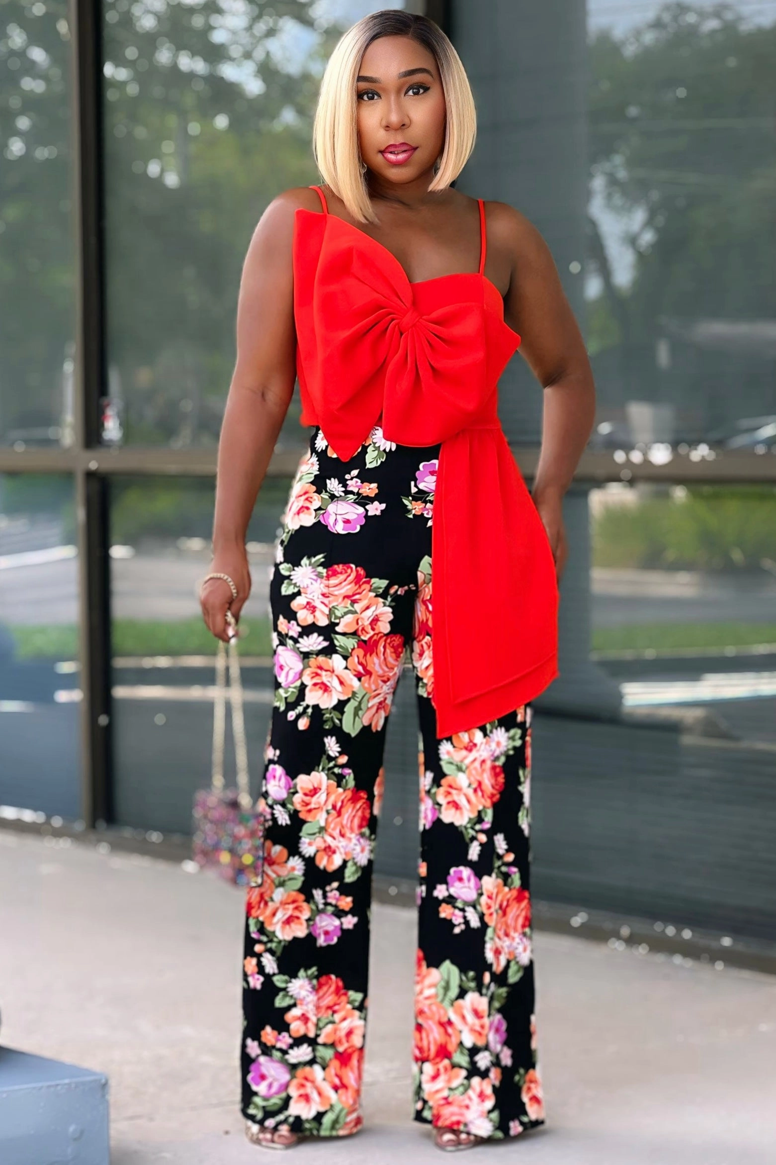 Carmen Floral Flare Leg Pants Red/Lavendar Active Look