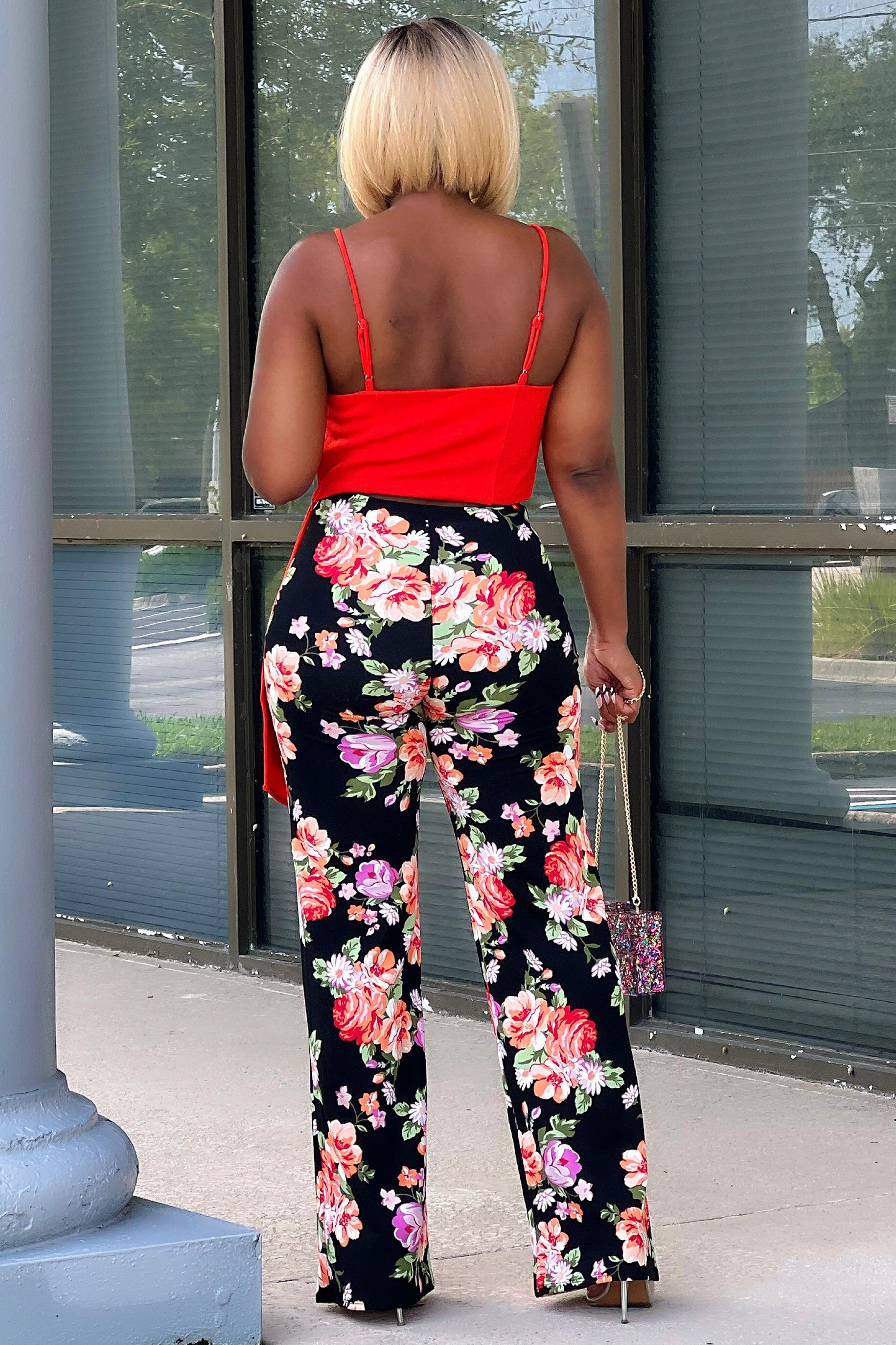 Contoured Panel Design Carmen Floral Flare Leg Pants Red/Lavendar