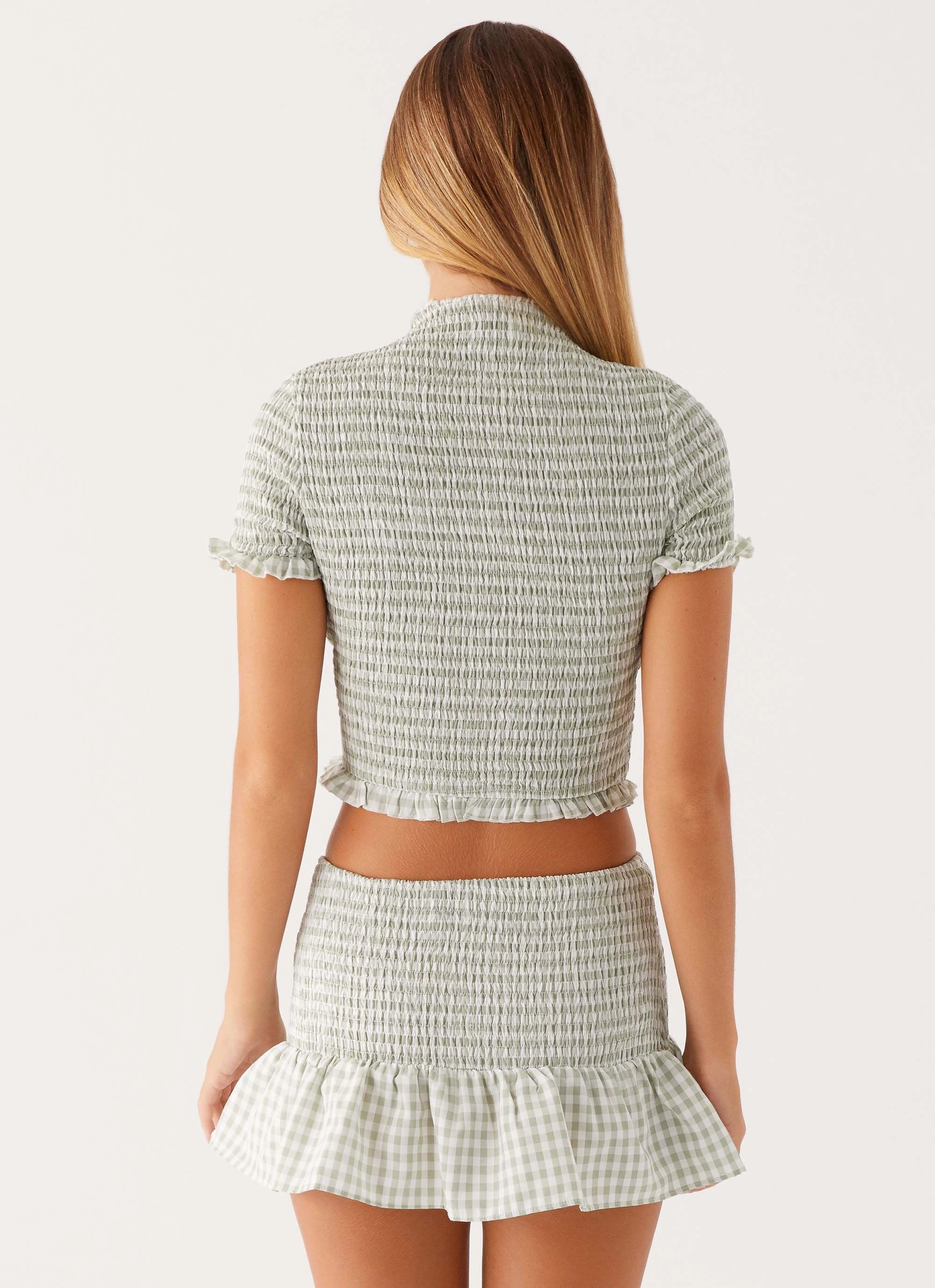 Sweetest Pie Mini Skirt - Sage Gingham Wear Resistant Fabric