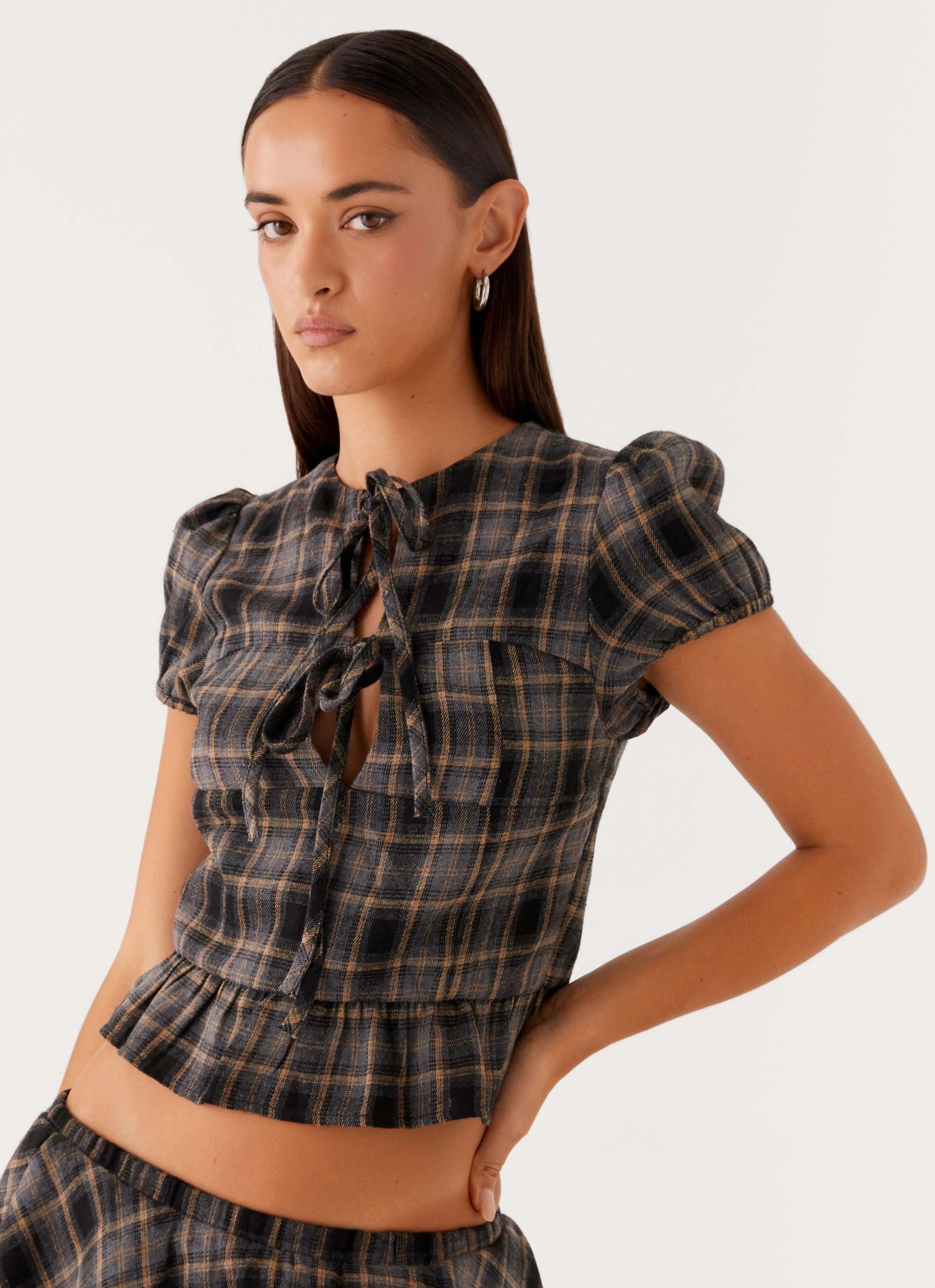 Lucia Puff Sleeve Top - Brown Check Non Closure Collar