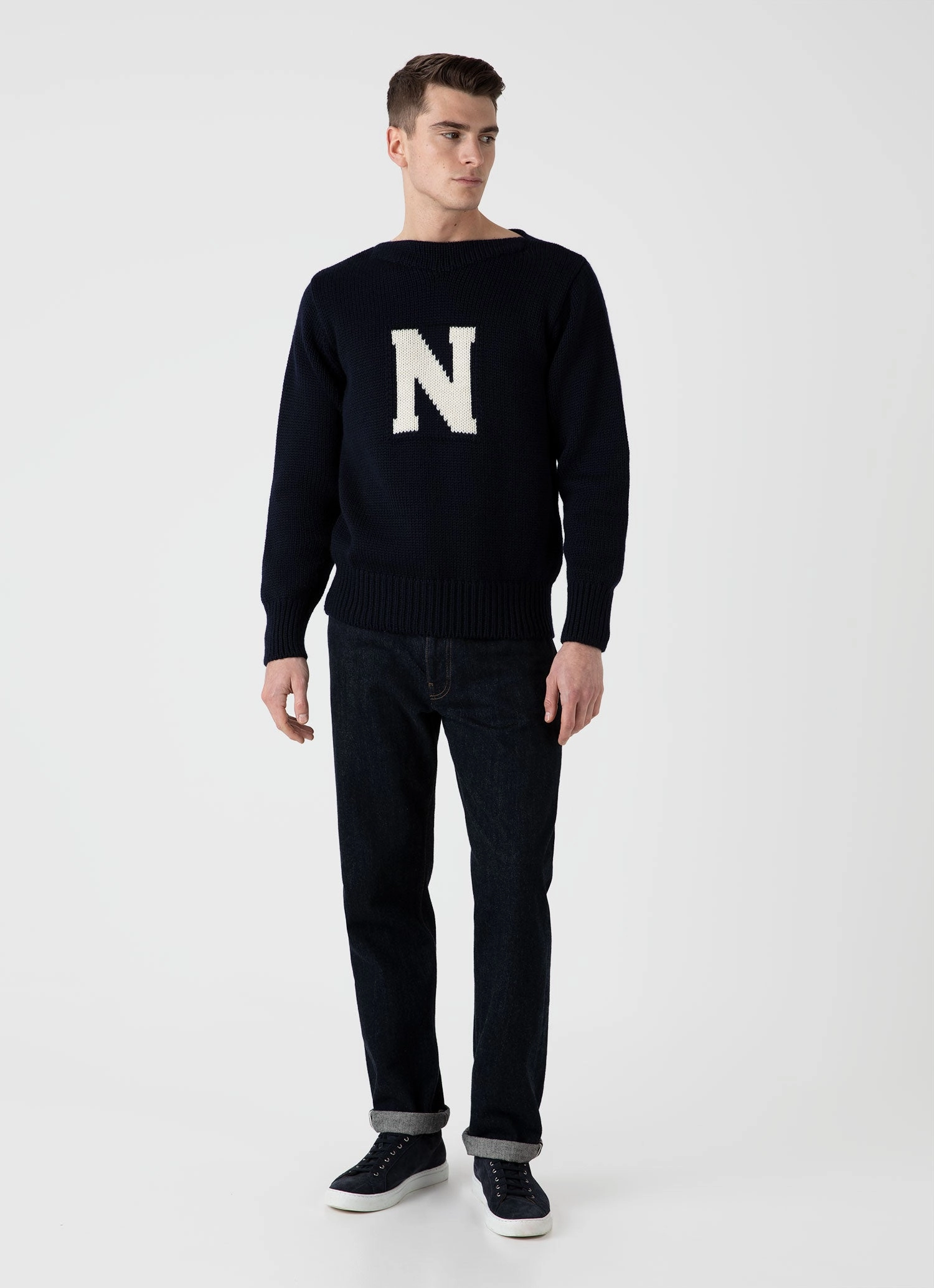 Men's Sunspel x Nigel Cabourn Wide Neck Crew in Navy AntiStatic Lining Luxe Layer
