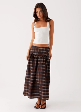 Quiet Places Midi Skirt - Chocolate Check Practical Look Modern Relaxed Quiet Places Midi Skirt - Chocolate Check