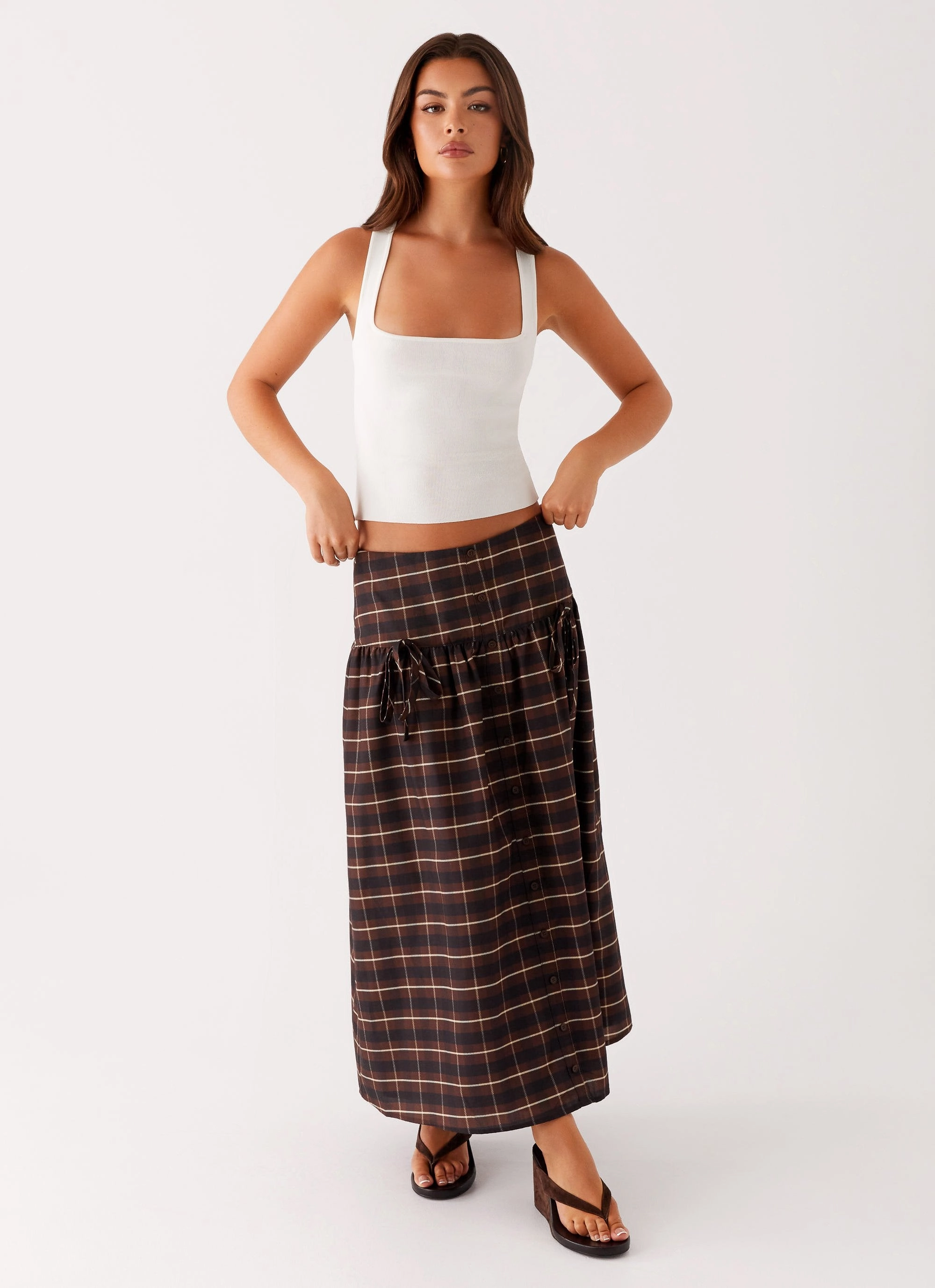 Casual Wearable Quiet Places Midi Skirt - Chocolate Check