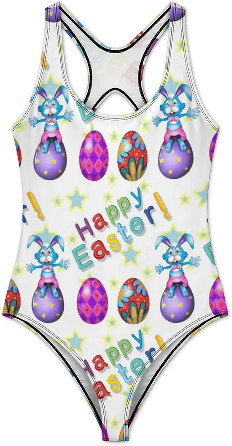 Rabbits Eggs Womens One Piece Swimwear Backless Scoop Neck Funny Tummy Control Swimwear