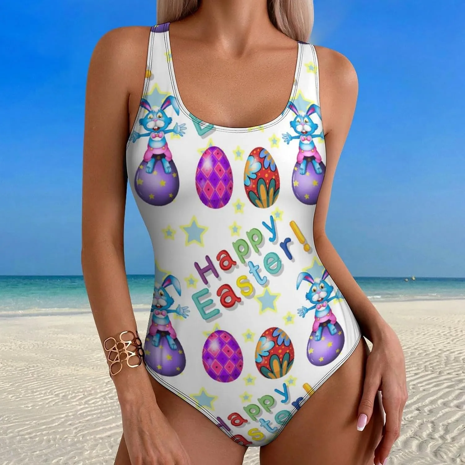 Rabbits Eggs Womens One Piece Swimwear Backless Scoop Neck Funny Tummy Control Swimwear