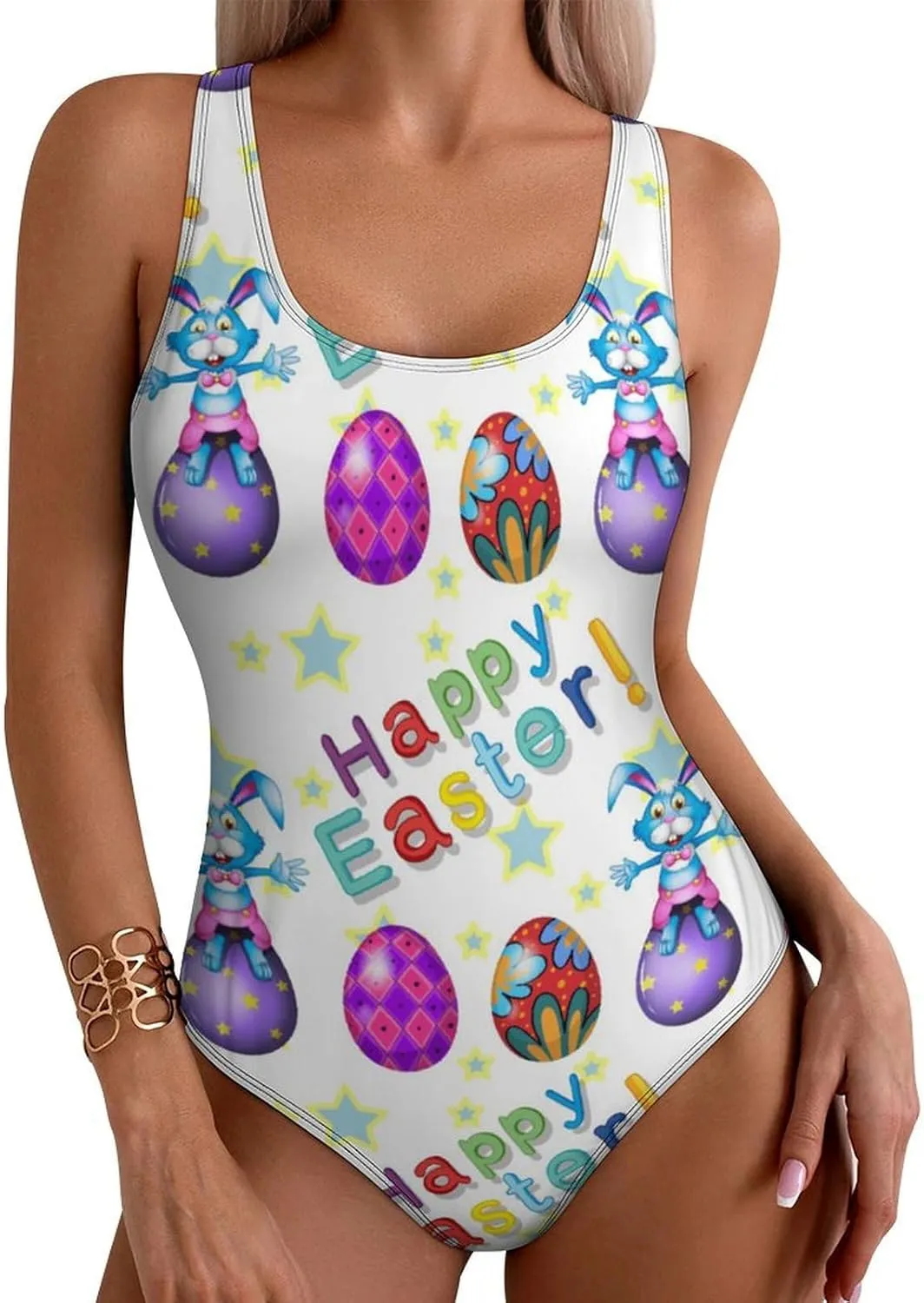 Rabbits Eggs Womens One Piece Swimwear Backless Scoop Neck Funny Tummy Control Swimwear