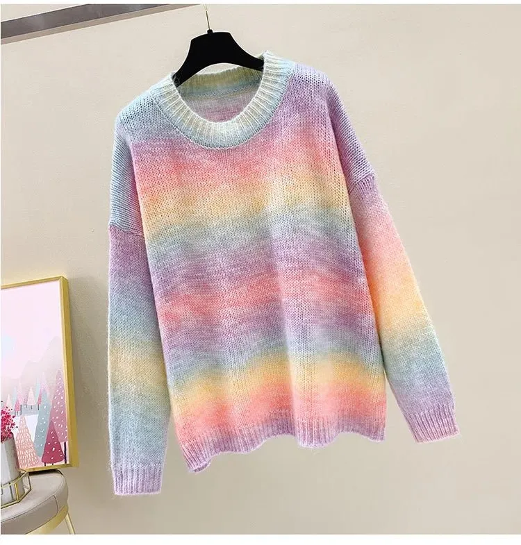 Rainbow Kawaii Casual O-Neck Knitted Shirt for Women