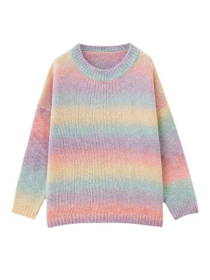 Rainbow Kawaii Casual O-Neck Knitted Shirt for Women