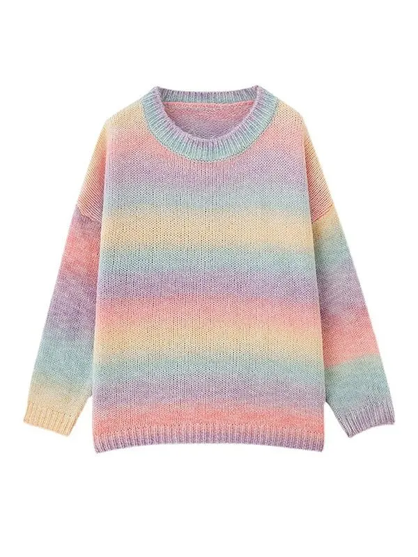 Rainbow Kawaii Casual O-Neck Knitted Shirt for Women