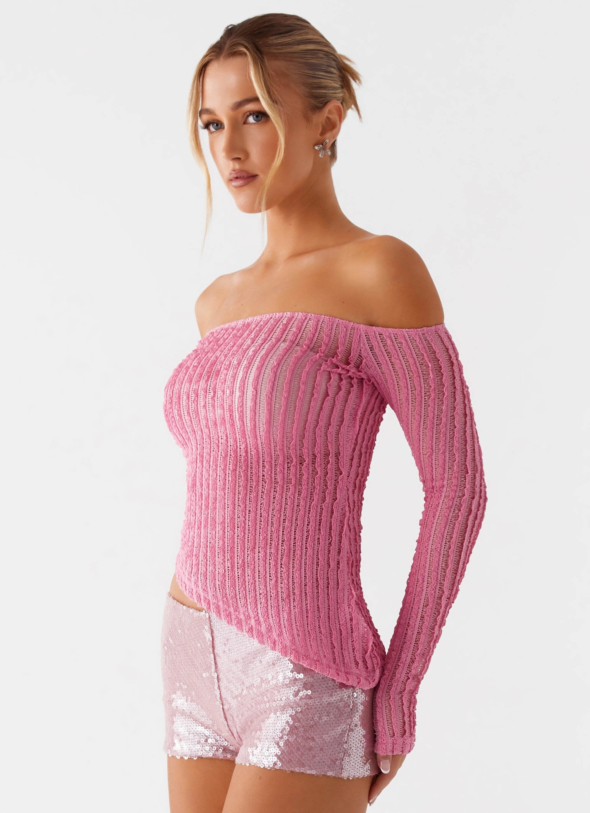 Raquel Off Shoulder Long Sleeve Top - Pink Wrinkle resistant fabric RibbedHemline