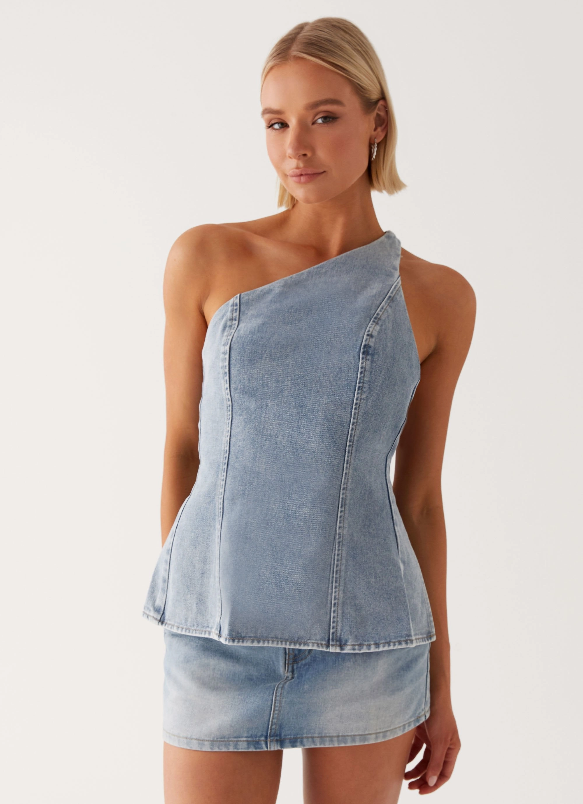 AntiStaticInnerLining Non Slip Shoulder Seams Maysa Denim Top - Blue