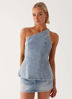 Raw Edge Detailing Maysa Denim Top - Blue AntiStaticInnerLining Non Slip Shoulder Seams Maysa Denim Top - Blue