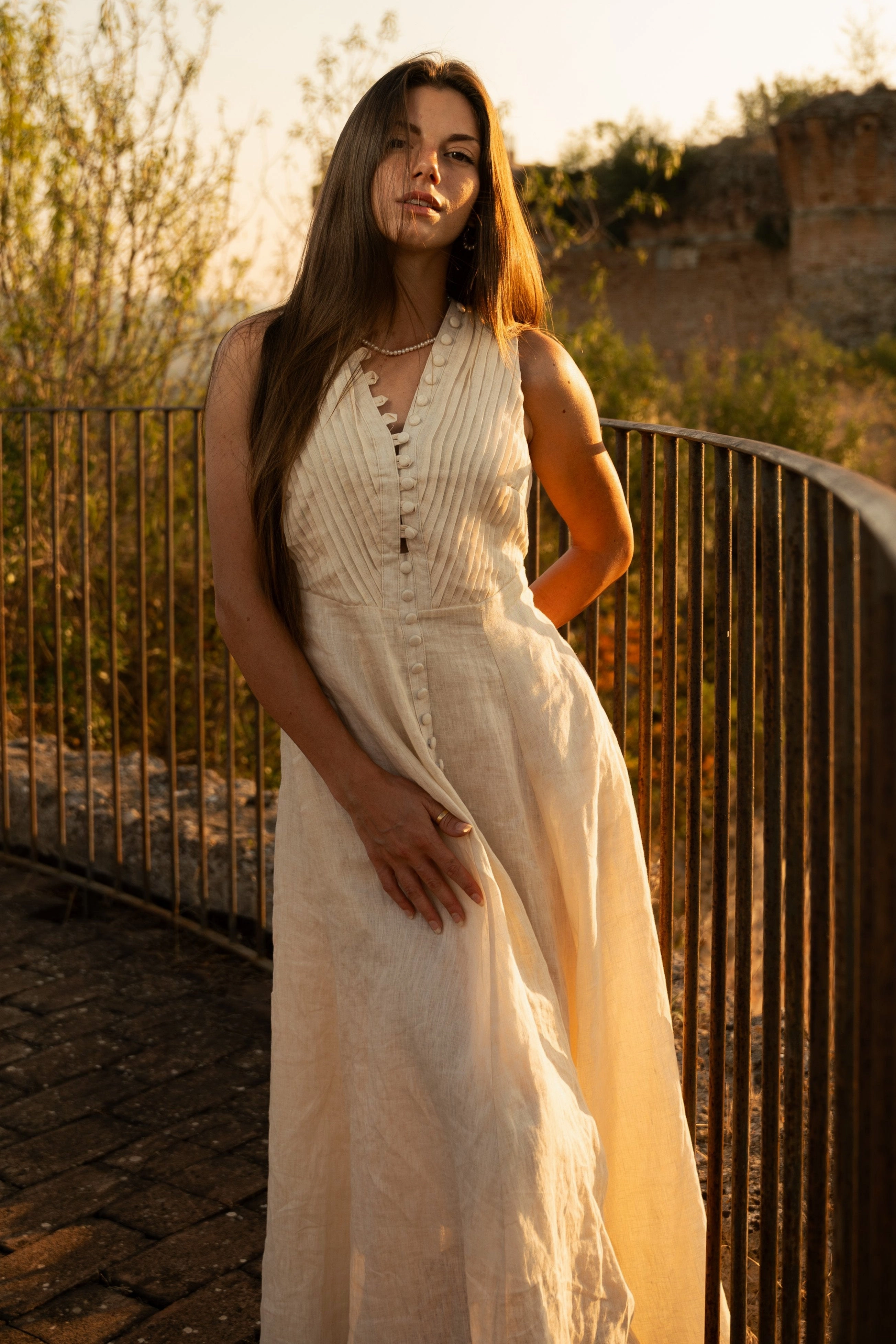 Rebecca 18 | Pleated Maxi Linen Dress ElasticizedWaistbandSystem Winter Layering Piece