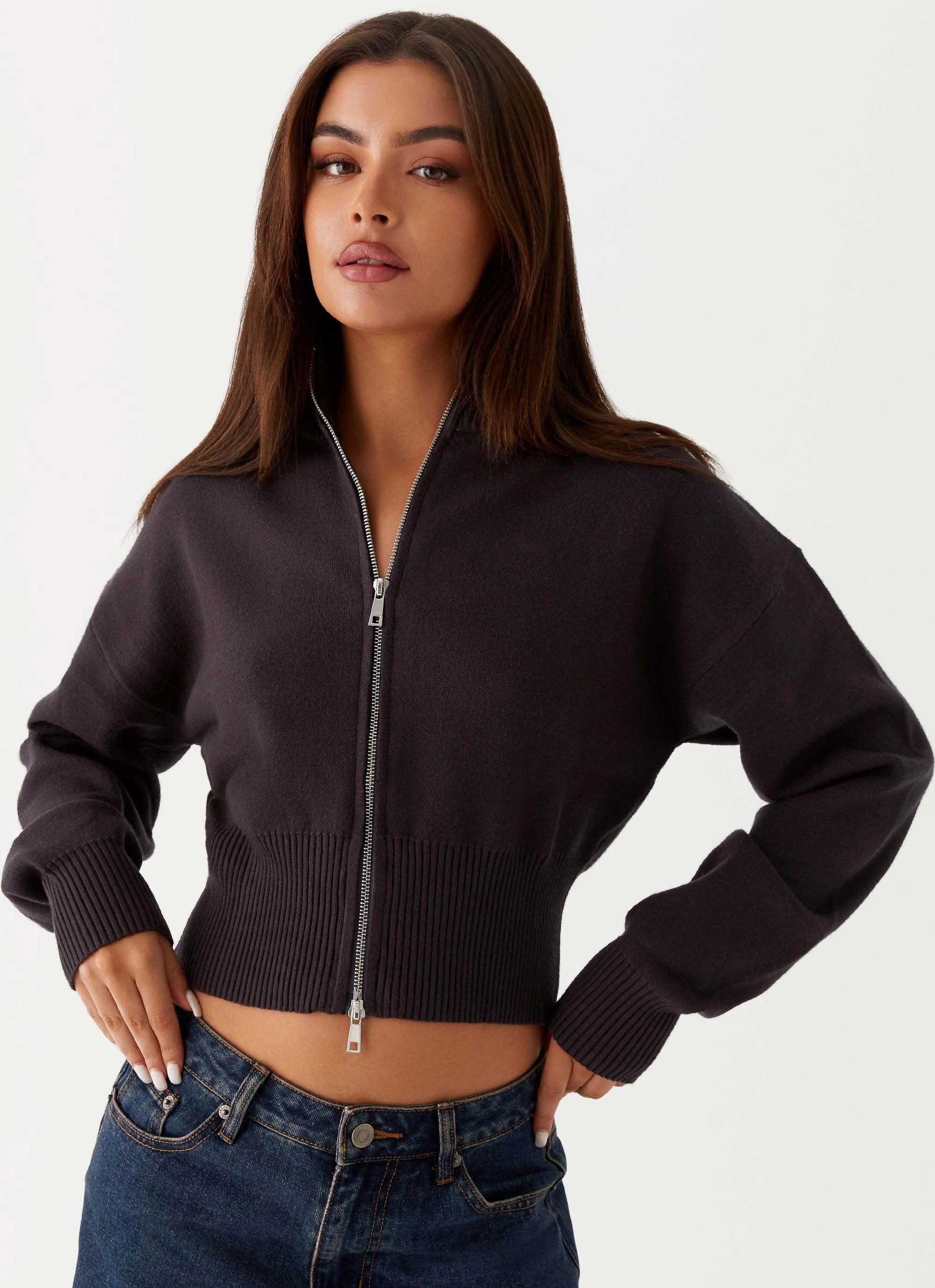 Episode High Neck Cardigan - Charcoal ClassicCrewNeck Compact TravelFriendly Design