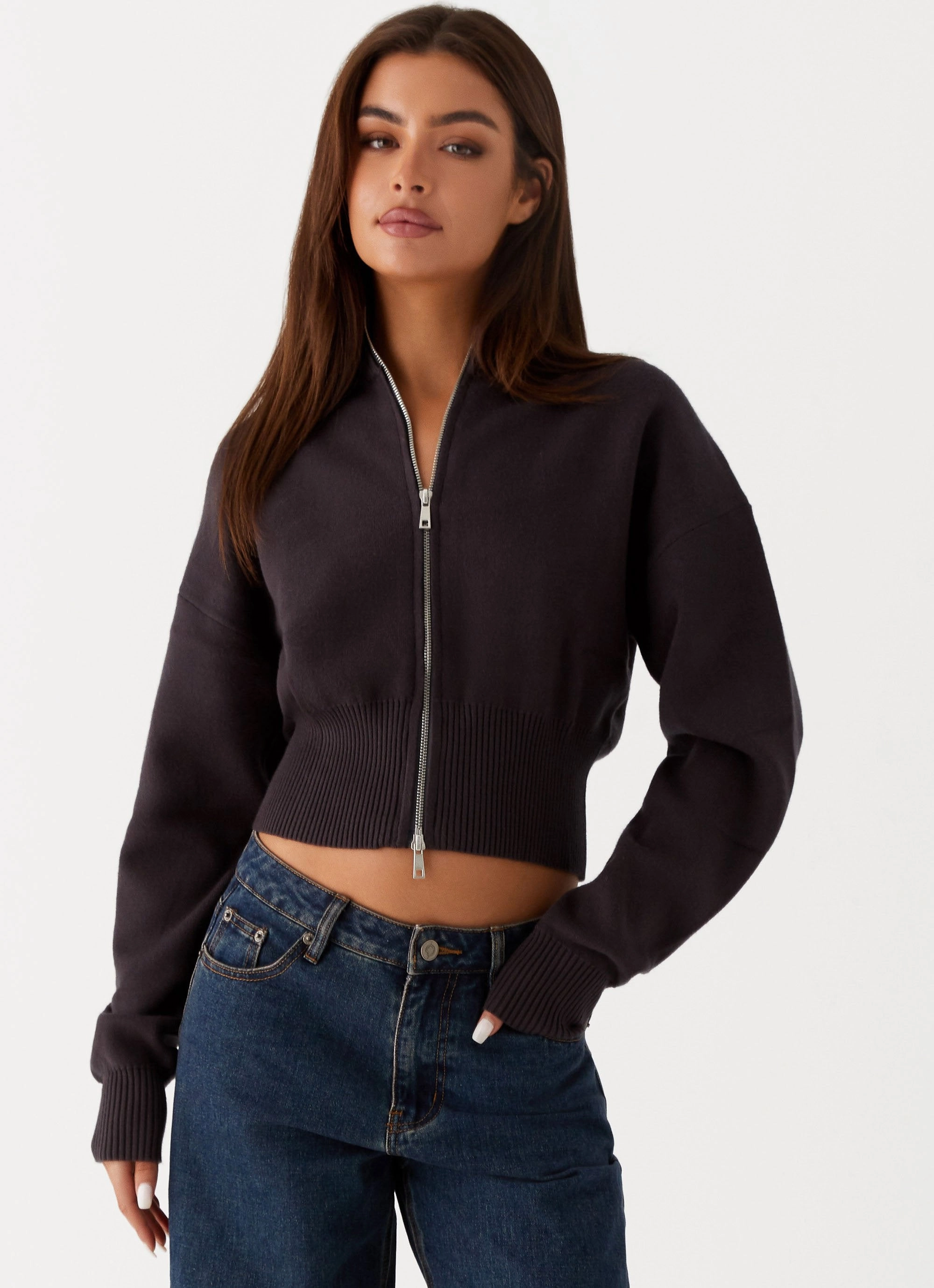 V-neck Blouse FourWayStretchFabric Episode High Neck Cardigan - Charcoal