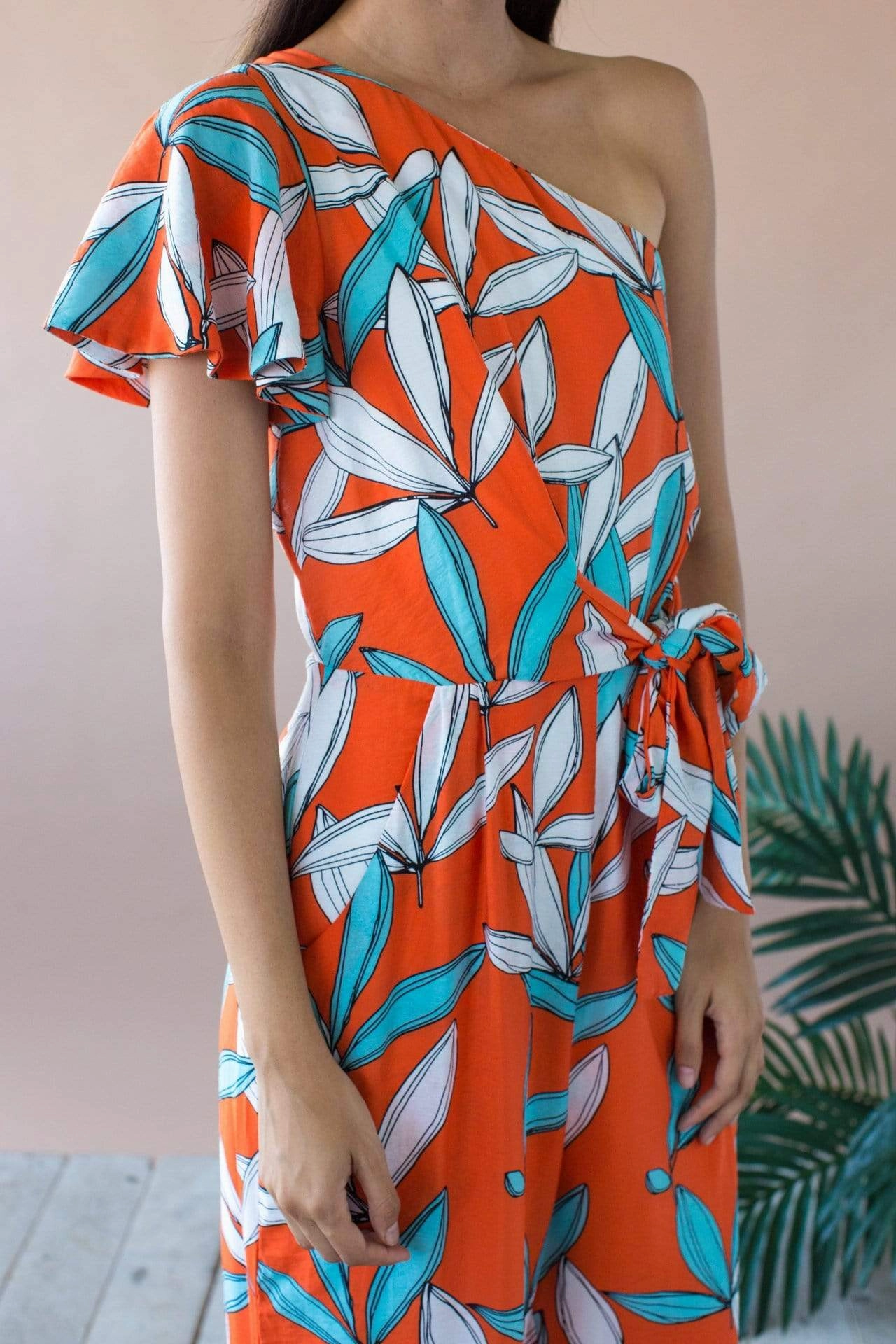 Amir One Shoulder Jumpsuit With Flutter Sleeve and Pockets- Rio Flora Stylish Tank