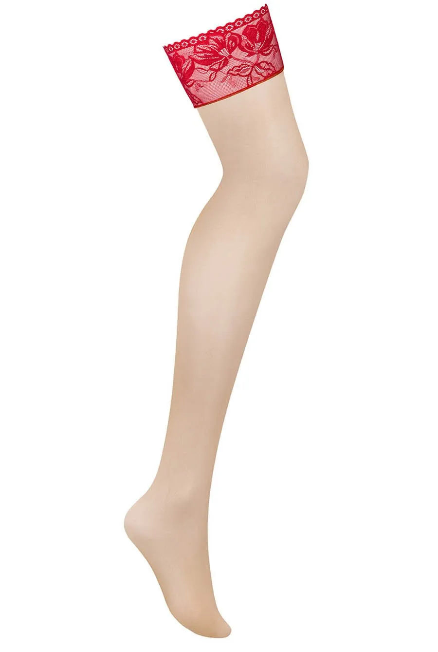 Red & Nude Sheer Red Lace Top Stockings