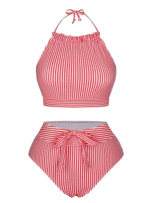 Red & White 1930s Striped Knot Halter Swimsuit