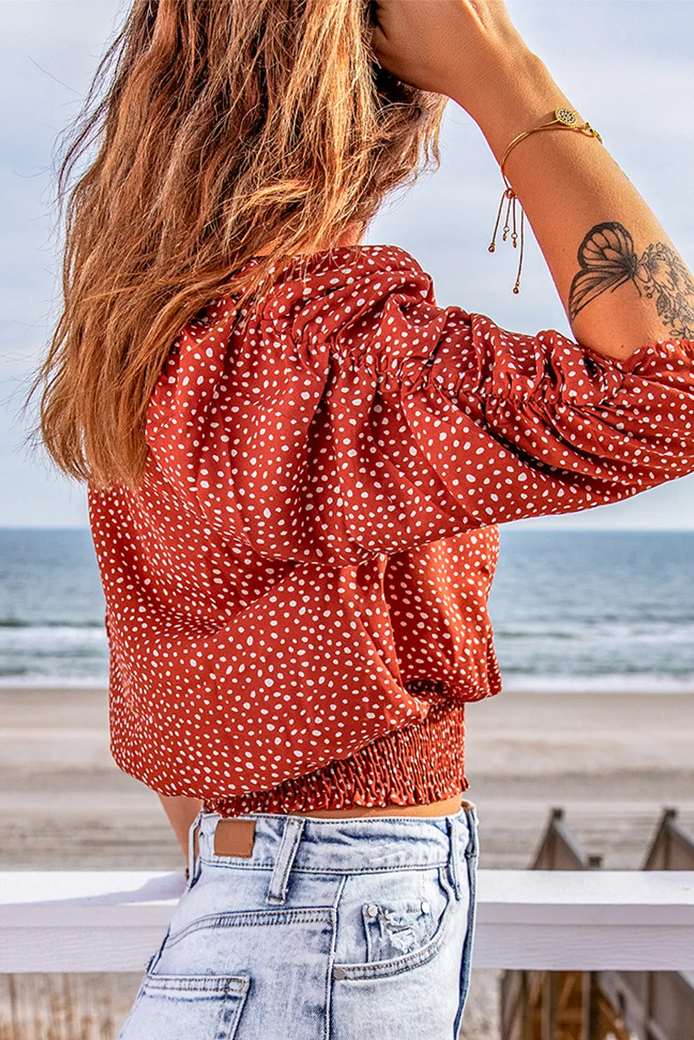 Red & White Dalmatian Print Ruched Top