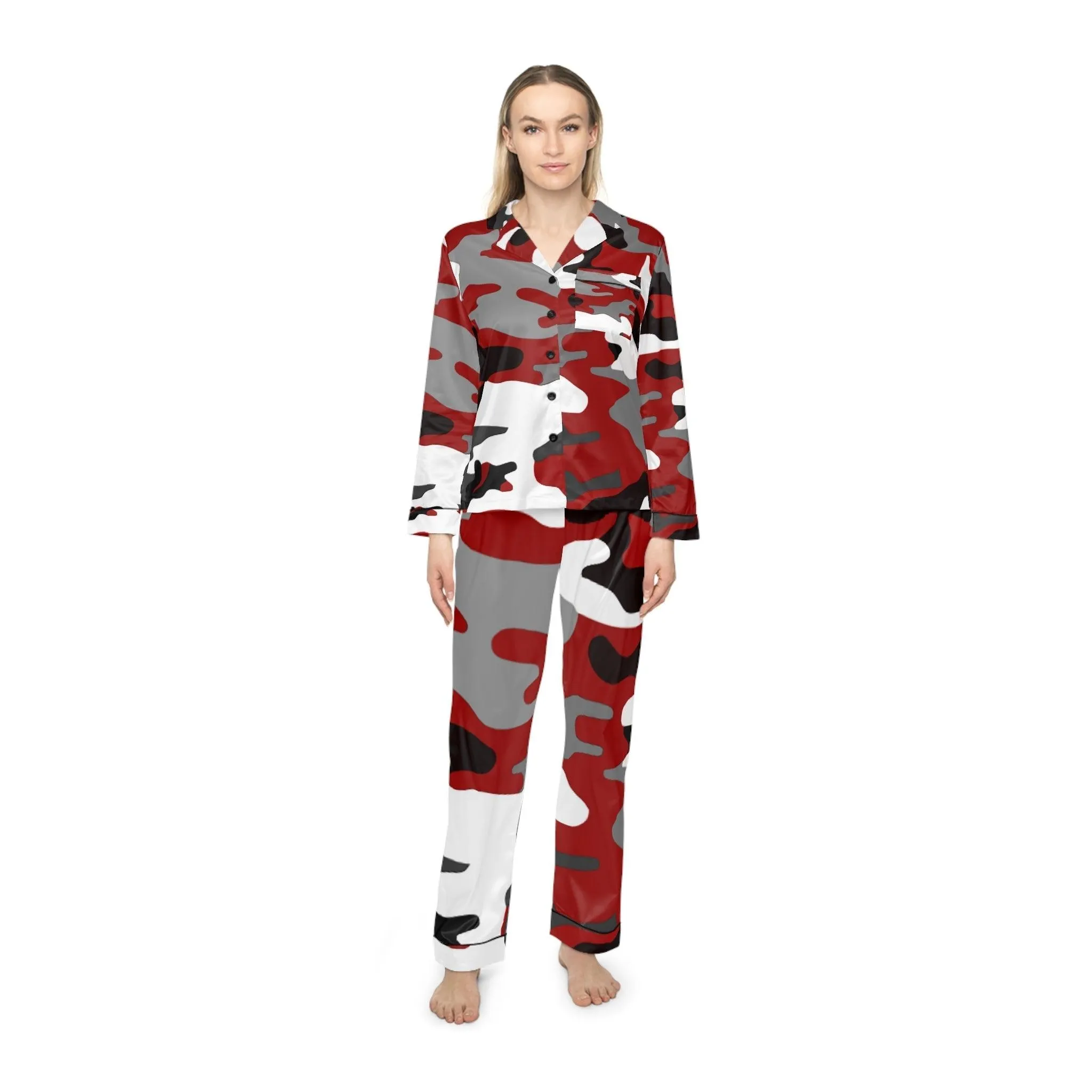 RED BLACK GREY White Camouflage Women's Satin Pajamas