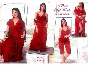 Red Bridal Bikini Nighty  - 6 Pcs Set - 9040C