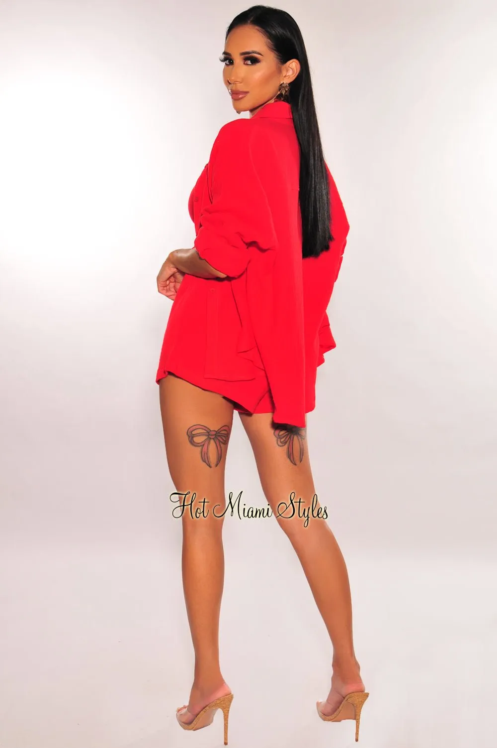 Red Collared Button Up Long Sleeve Shorts Two Piece Set