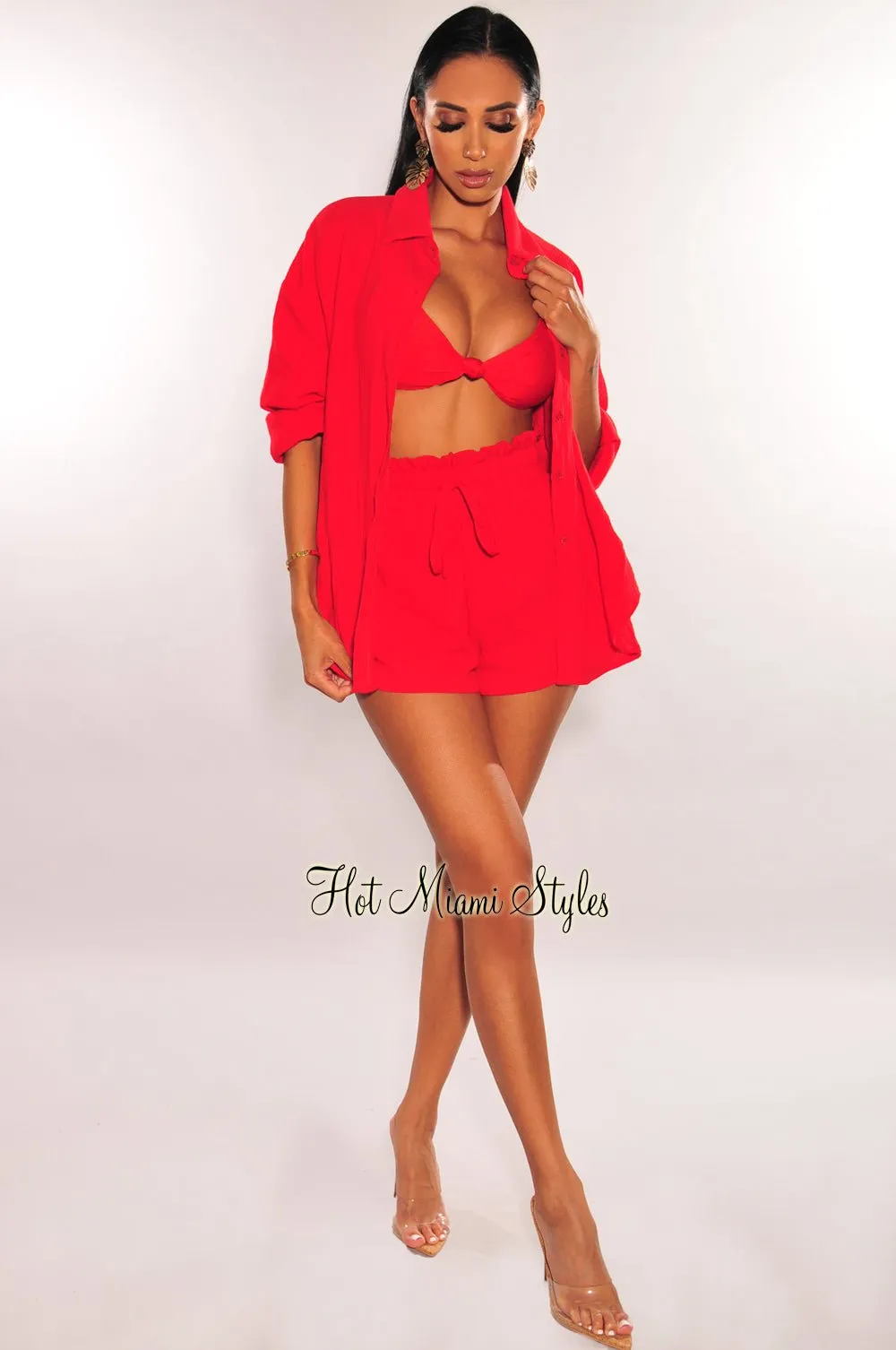 Red Collared Button Up Long Sleeve Shorts Two Piece Set