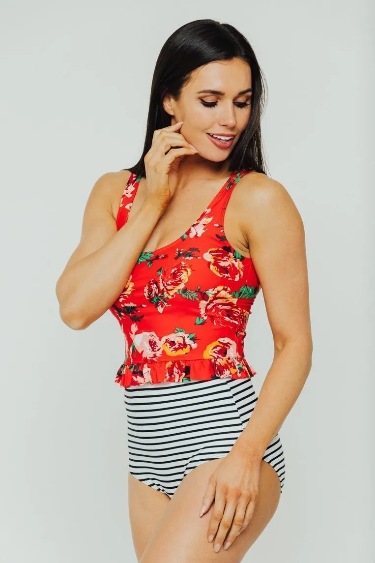 Red Floral Little Ruffle Top