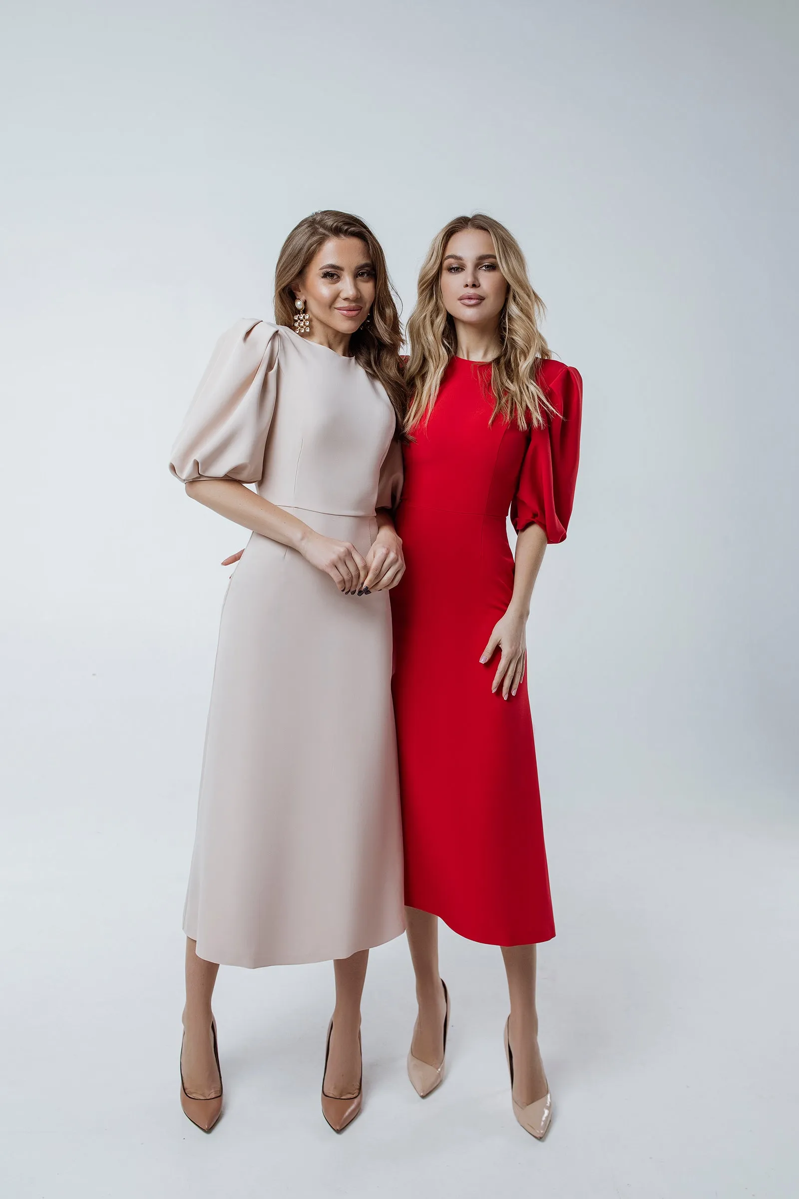 Red Puff Sleeve Midi Dress