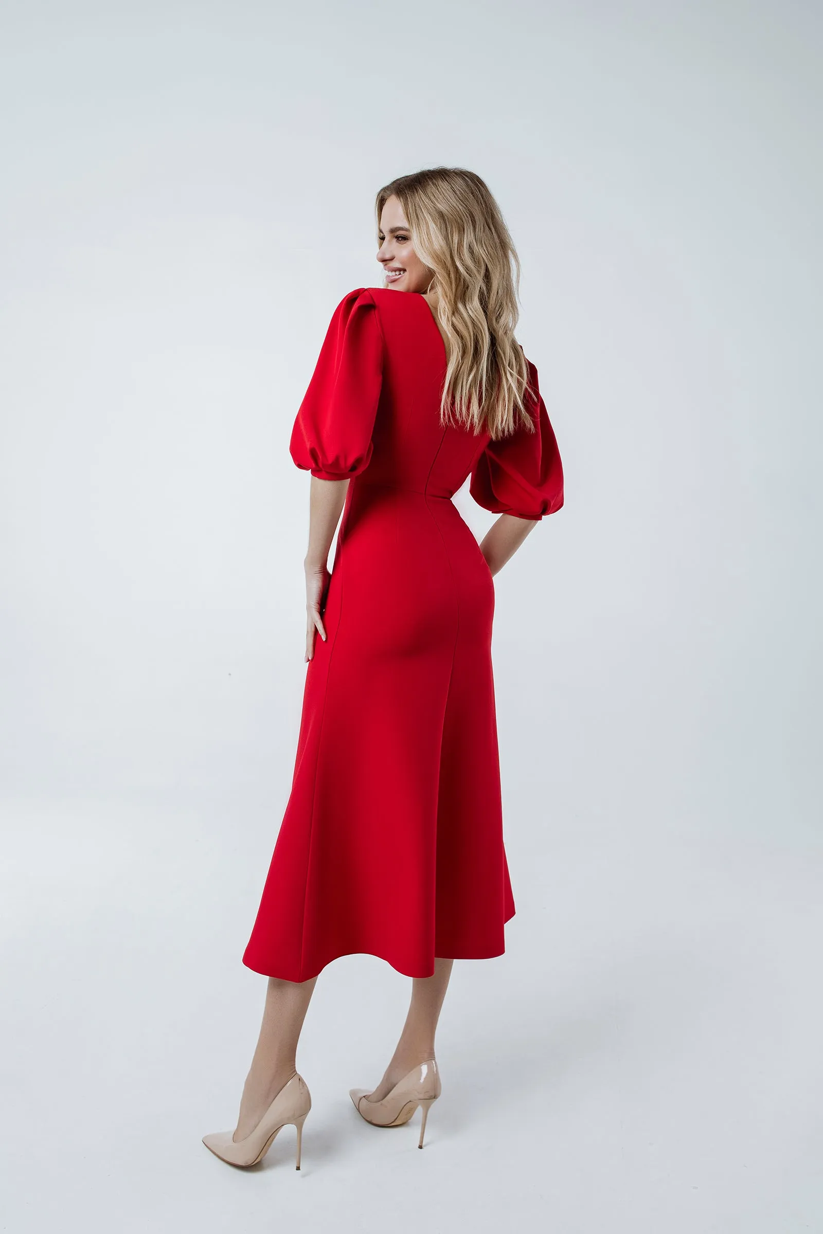 Red Puff Sleeve Midi Dress