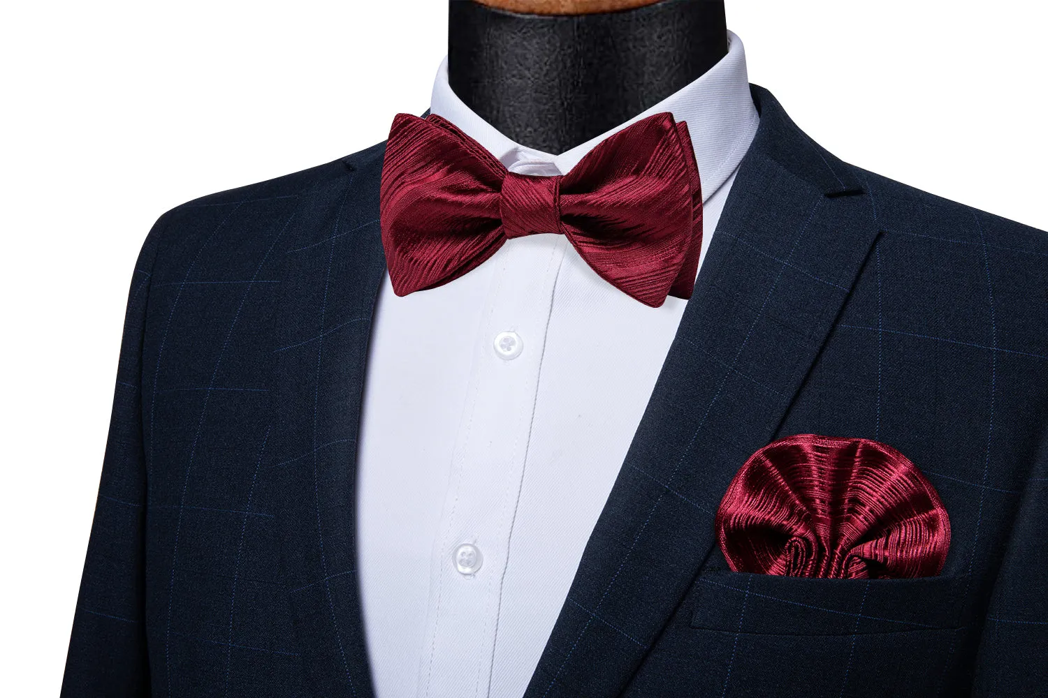 Red Solid Silk Self-Bowtie Pocket Square Cufflinks Set