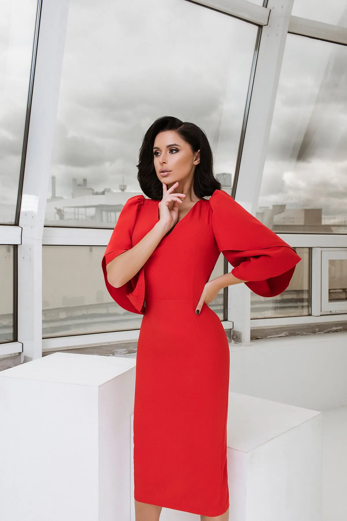 Red V-Neck Bell Sleeve Midi Dress