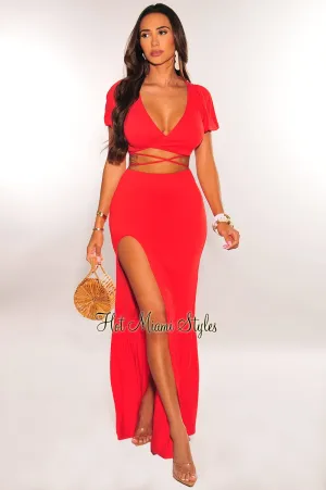 Red Wrap Around Slit Ruffle Skirt Two Piece Set